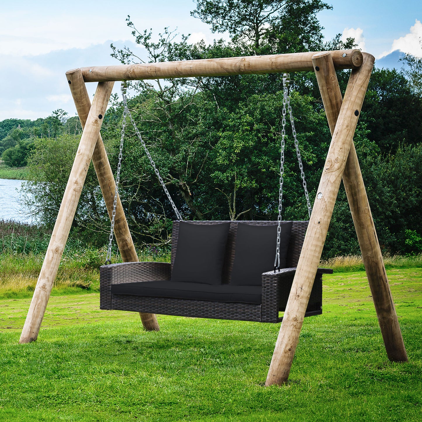 2-Person Patio Rattan Porch Swing with Cushions-Black Kids Crystal