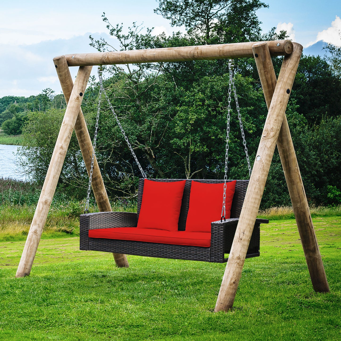 2-Person Patio Rattan Porch Swing with Cushions-Red Kids Crystal