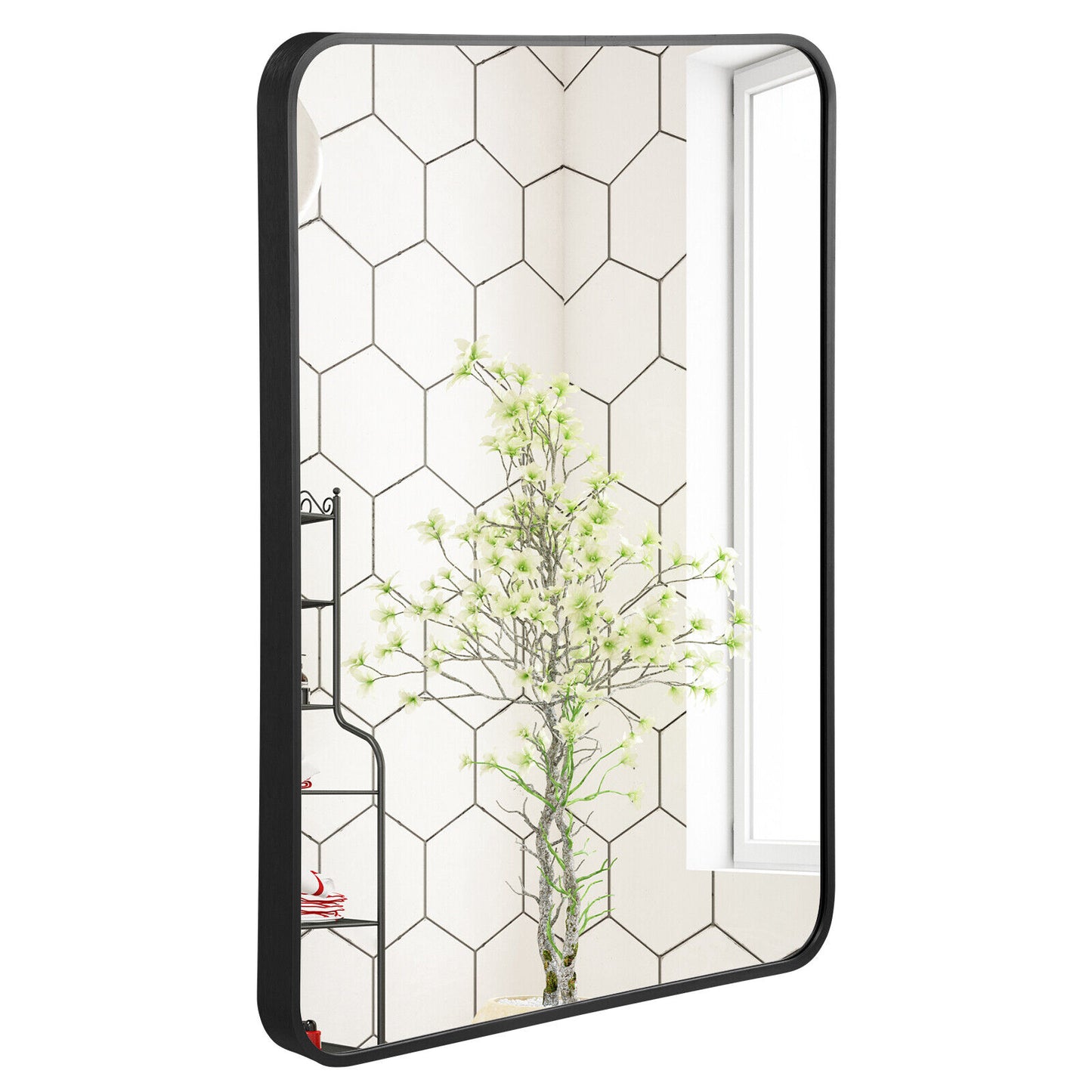 Metal Framed Bathroom Mirror with Rounded Corners-Black Kids Crystal
