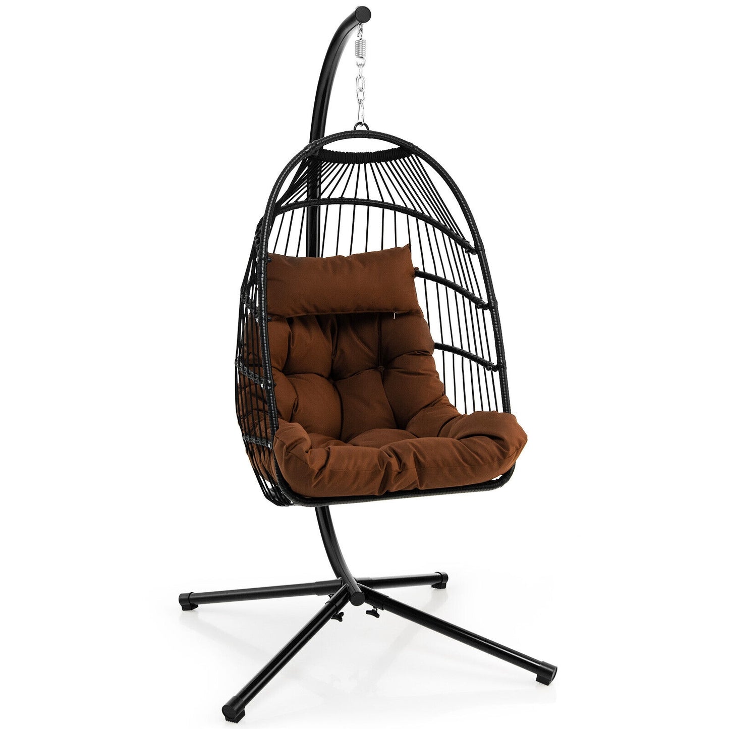 Patio Hanging Egg Chair with Stand Waterproof Cover and Folding Basket-Brown Kids Crystal