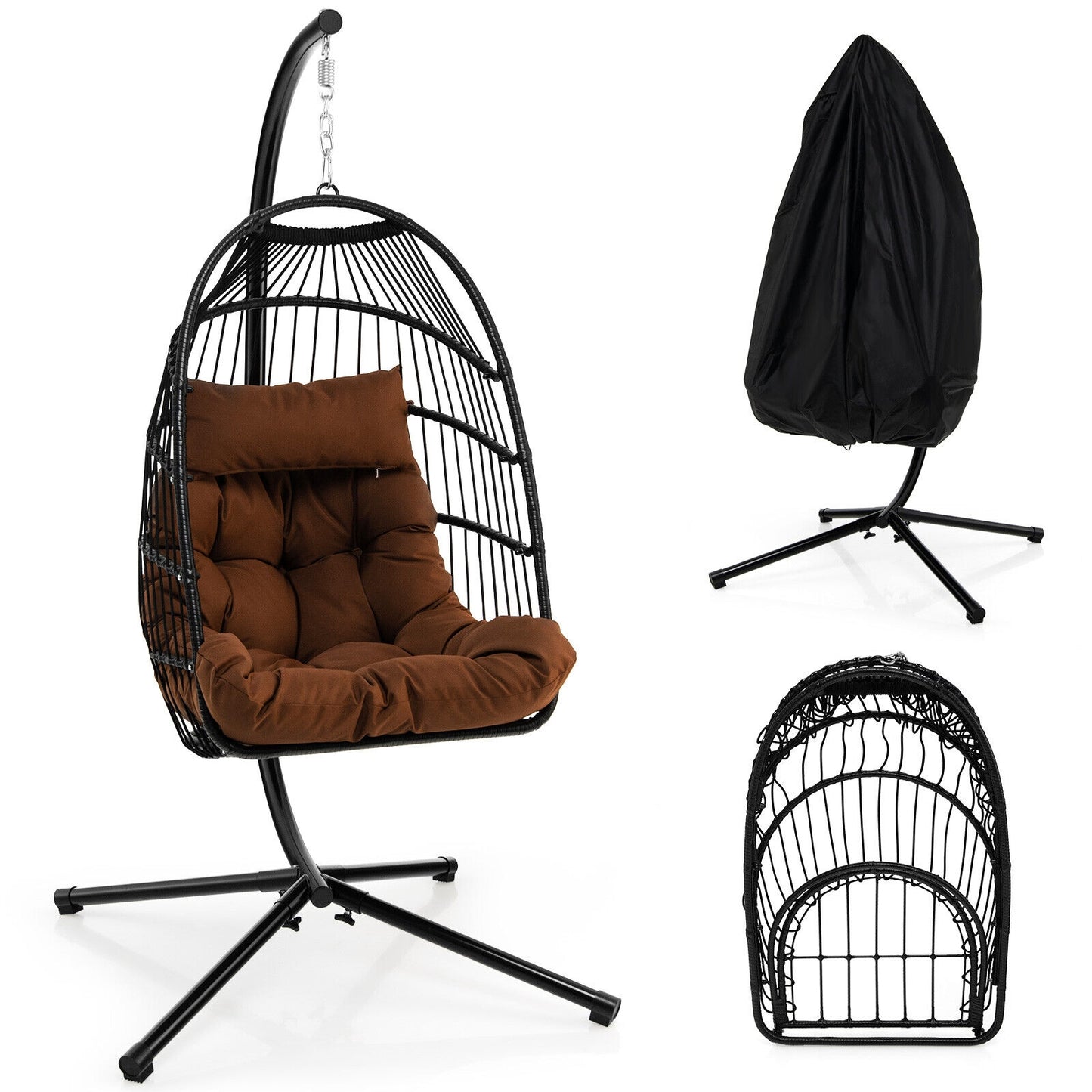 Patio Hanging Egg Chair with Stand Waterproof Cover and Folding Basket-Brown Kids Crystal