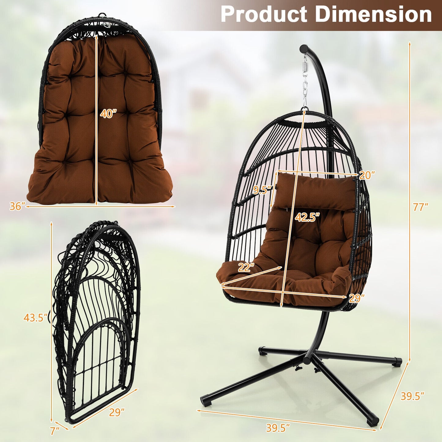 Patio Hanging Egg Chair with Stand Waterproof Cover and Folding Basket-Brown Kids Crystal