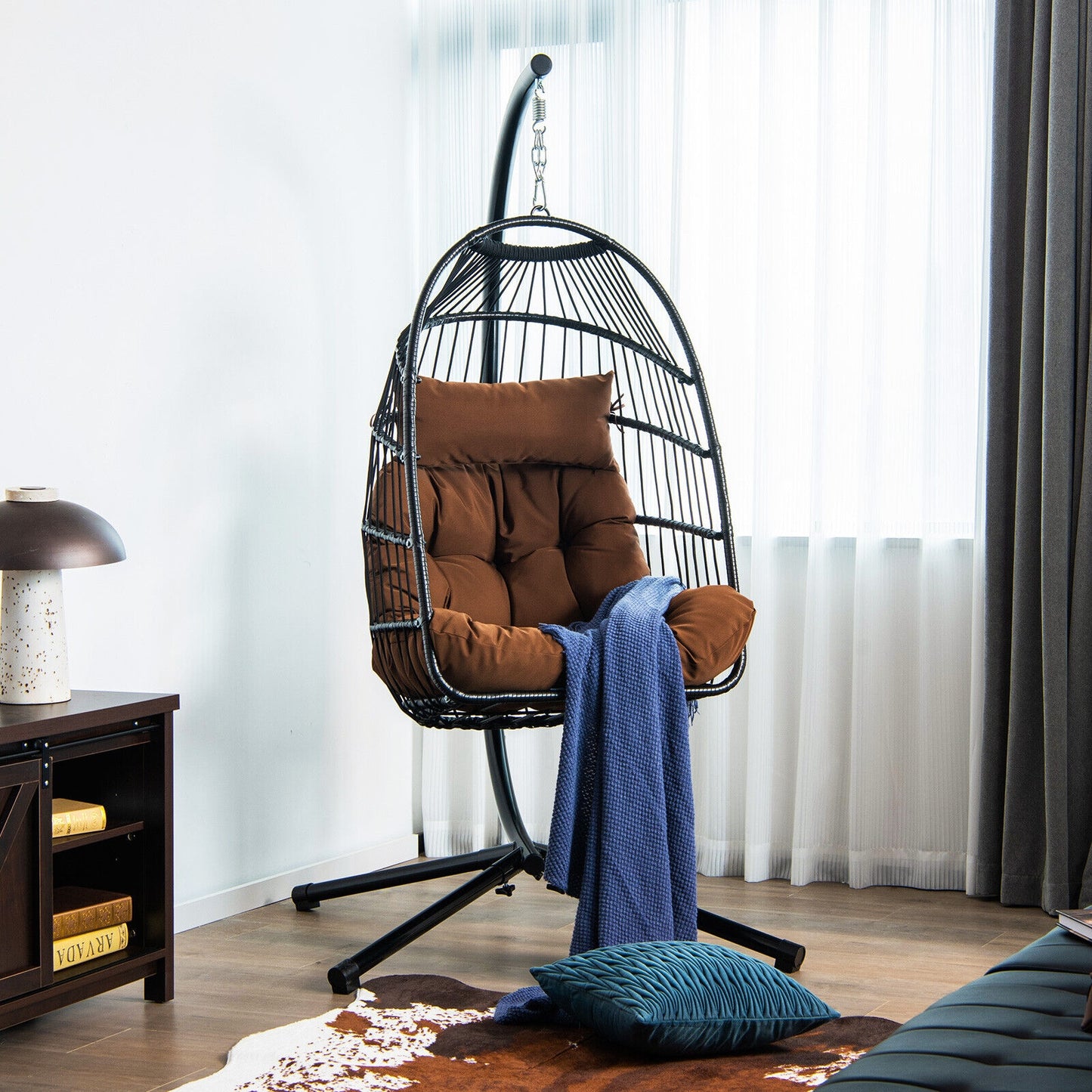 Patio Hanging Egg Chair with Stand Waterproof Cover and Folding Basket-Brown Kids Crystal