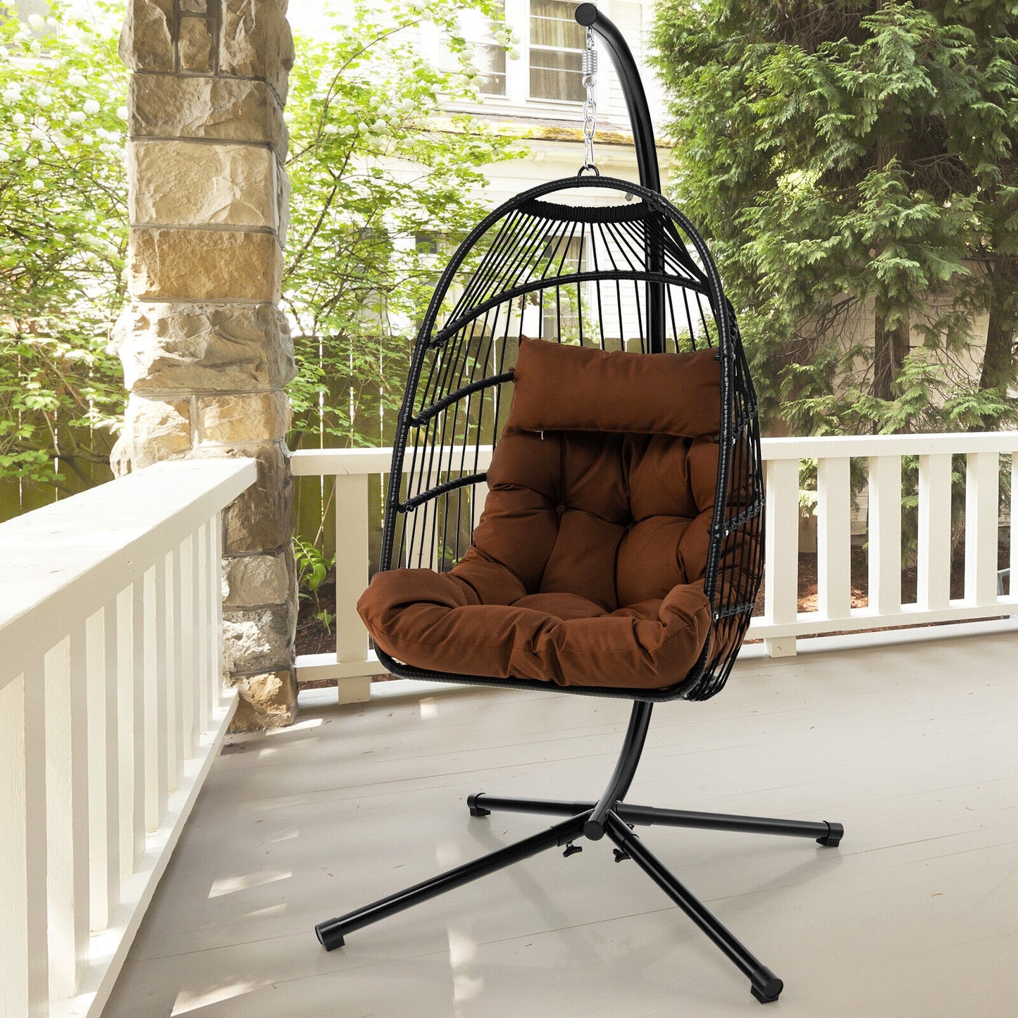 Patio Hanging Egg Chair with Stand Waterproof Cover and Folding Basket-Brown Kids Crystal