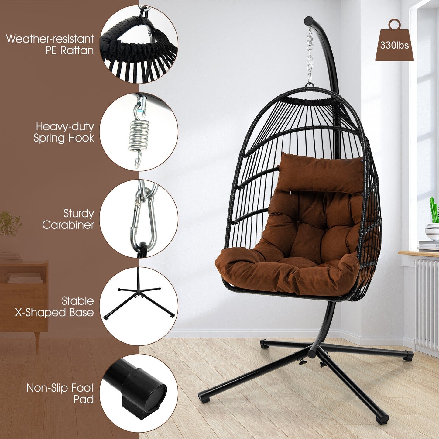Patio Hanging Egg Chair with Stand Waterproof Cover and Folding Basket-Brown Kids Crystal
