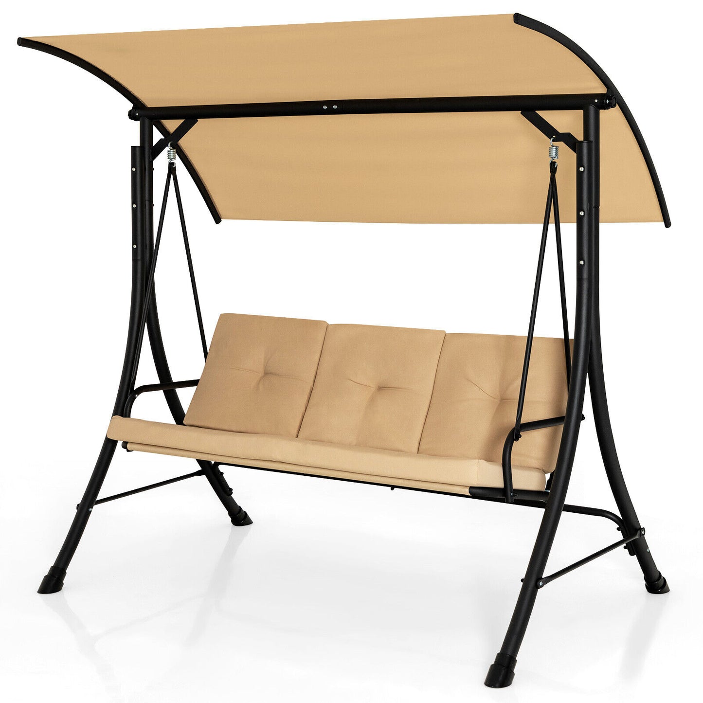 3-Seat Outdoor Porch Swing with Adjustable Canopy and Padded Cushions-Beige Kids Crystal