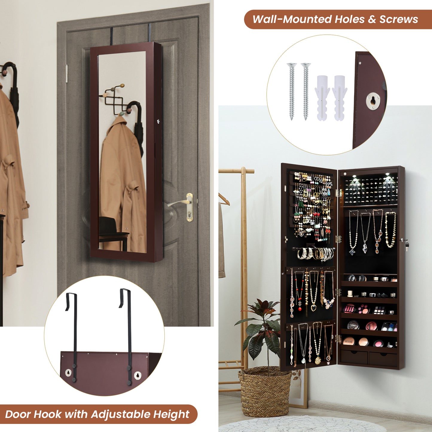 Lockable Wall Mount Mirrored Jewelry Cabinet with LED Lights-Brown Kids Crystal