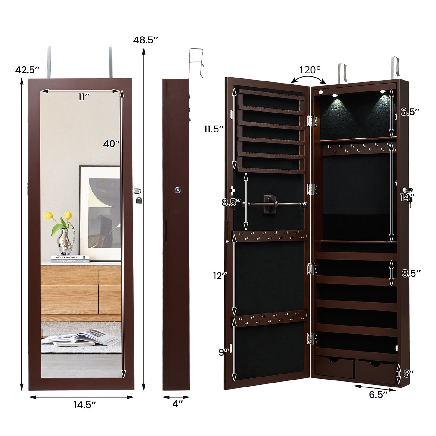 Lockable Wall Mount Mirrored Jewelry Cabinet with LED Lights-Brown Kids Crystal