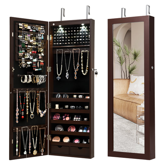 Lockable Wall Mount Mirrored Jewelry Cabinet with LED Lights-Brown Kids Crystal