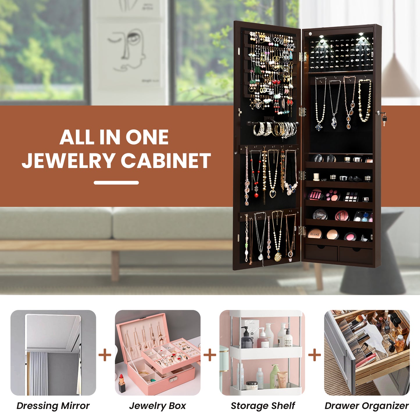 Lockable Wall Mount Mirrored Jewelry Cabinet with LED Lights-Brown Kids Crystal