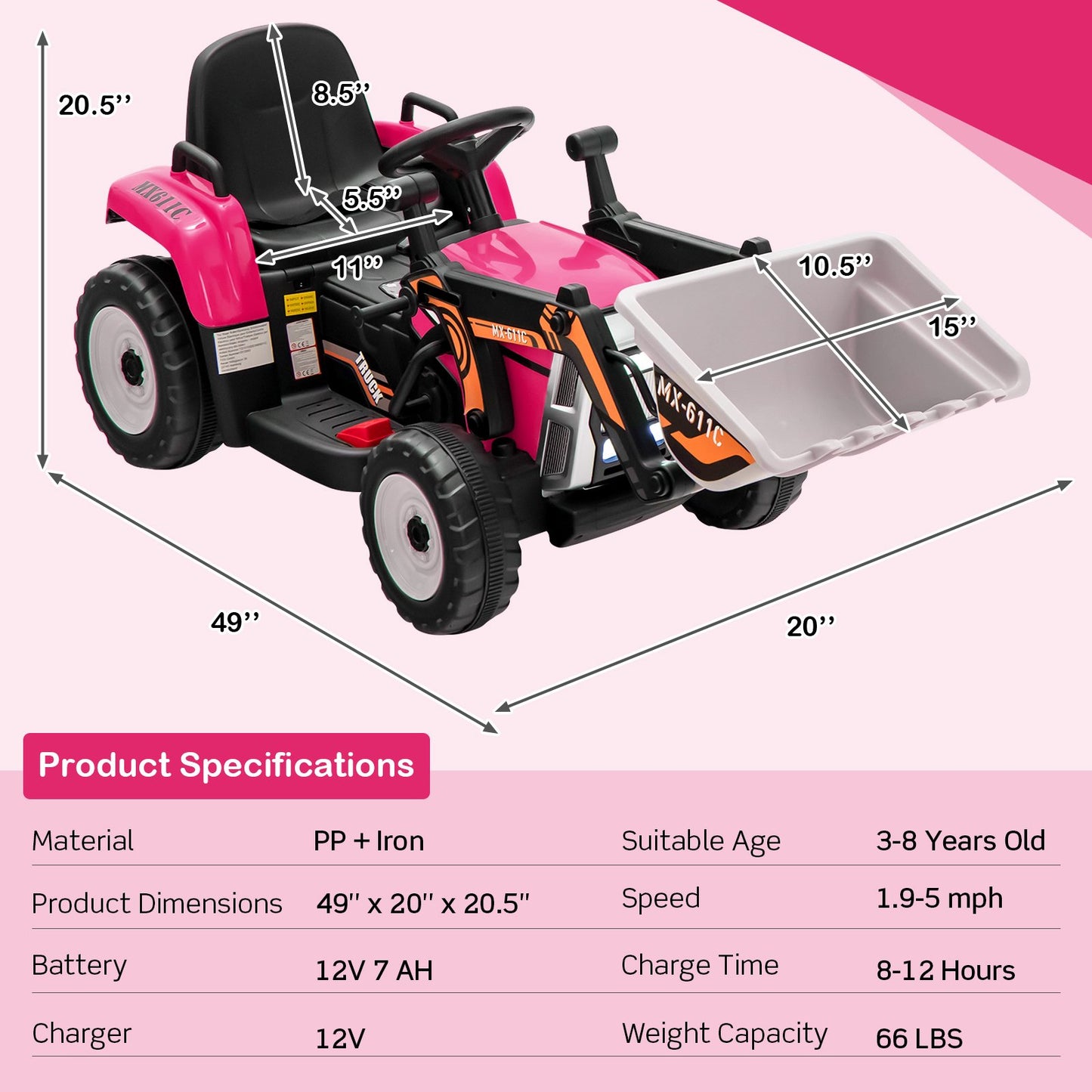 12V Battery Powered Kids Ride on Excavator with Adjustable Arm and Bucket-Pink Kids Crystal