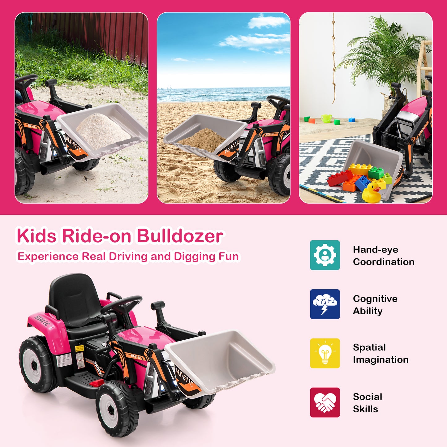 12V Battery Powered Kids Ride on Excavator with Adjustable Arm and Bucket-Pink Kids Crystal