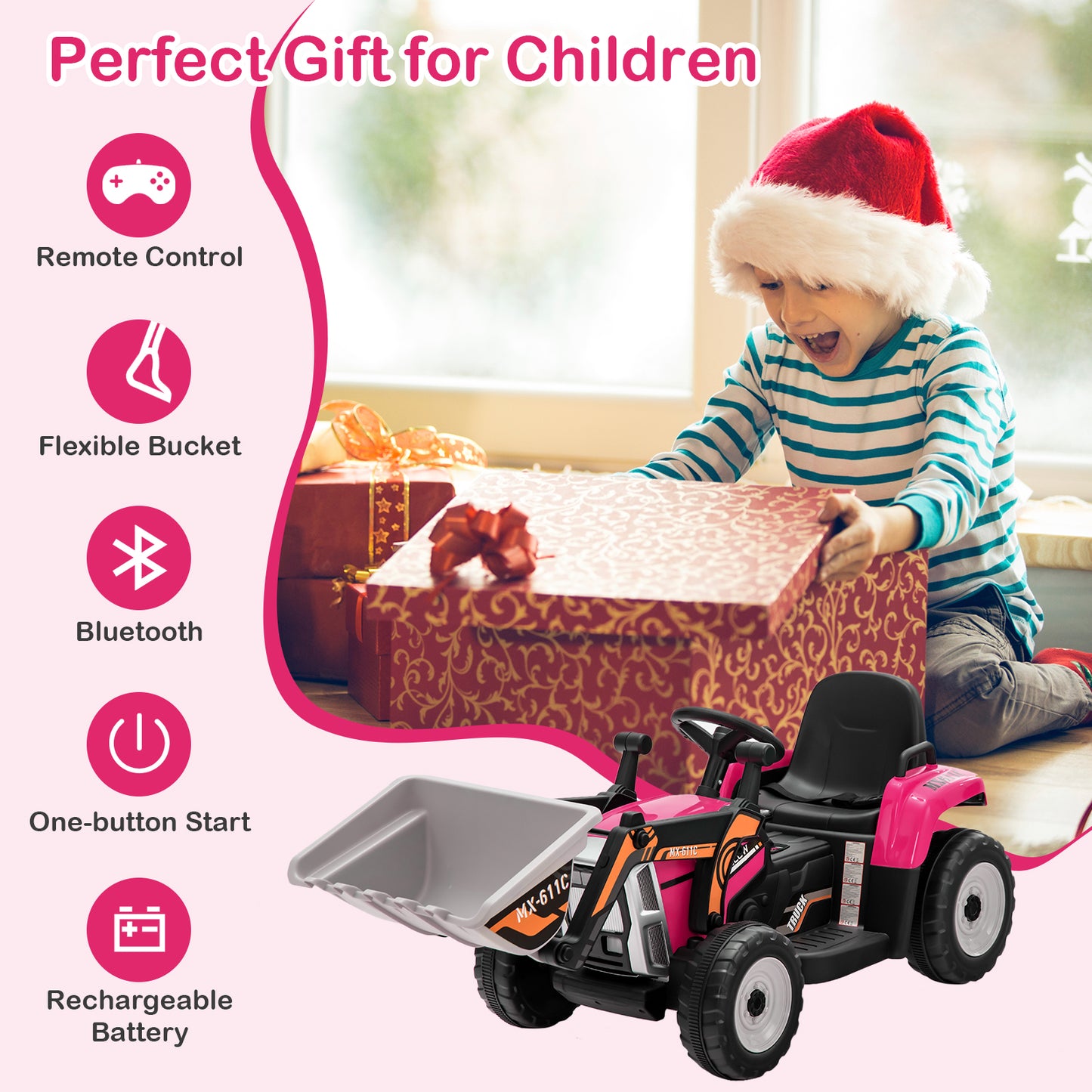 12V Battery Powered Kids Ride on Excavator with Adjustable Arm and Bucket-Pink Kids Crystal