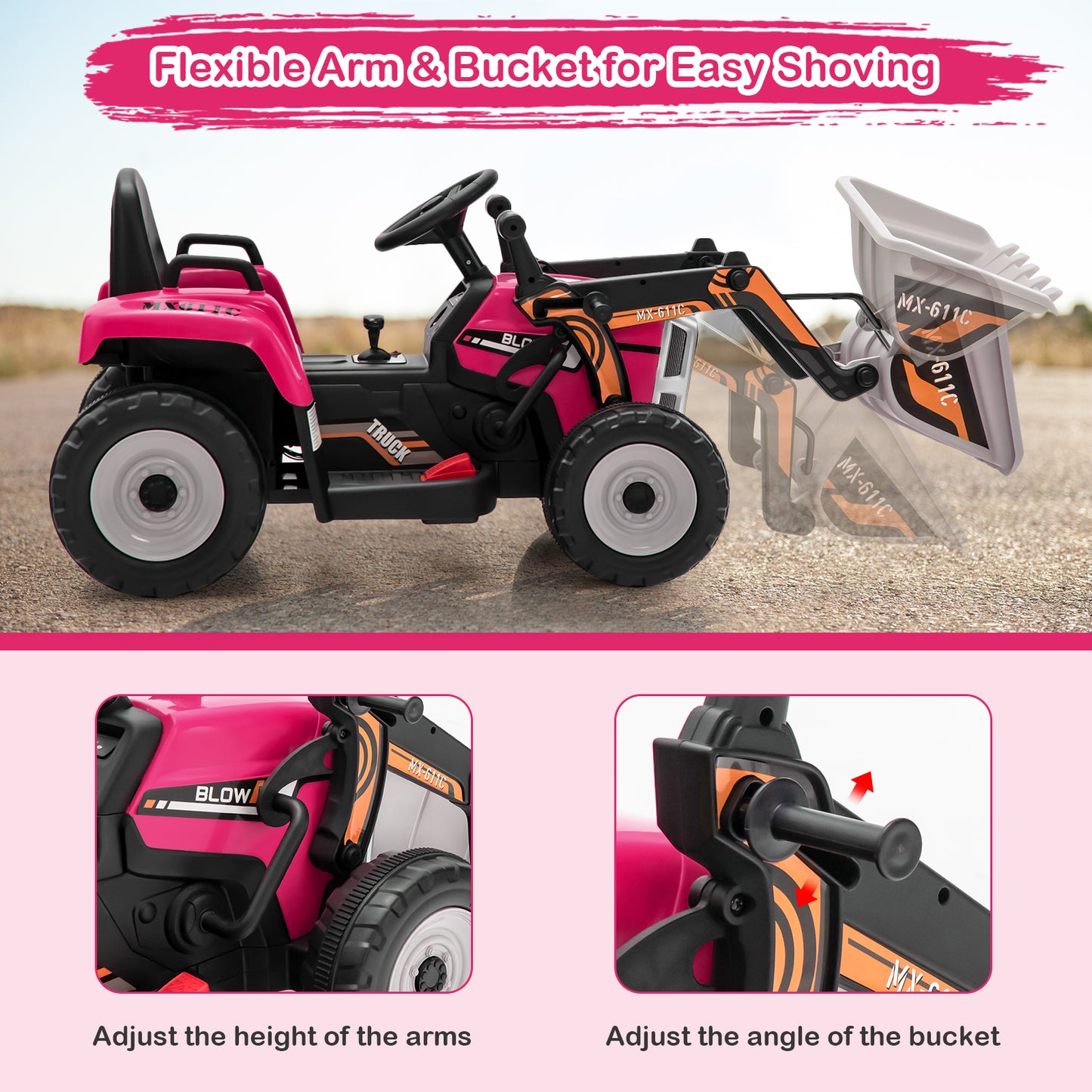 12V Battery Powered Kids Ride on Excavator with Adjustable Arm and Bucket-Pink Kids Crystal
