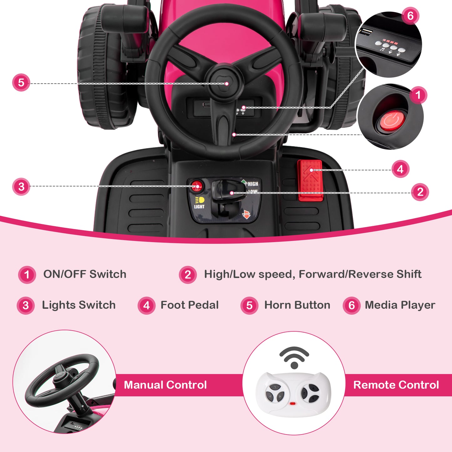 12V Battery Powered Kids Ride on Excavator with Adjustable Arm and Bucket-Pink Kids Crystal