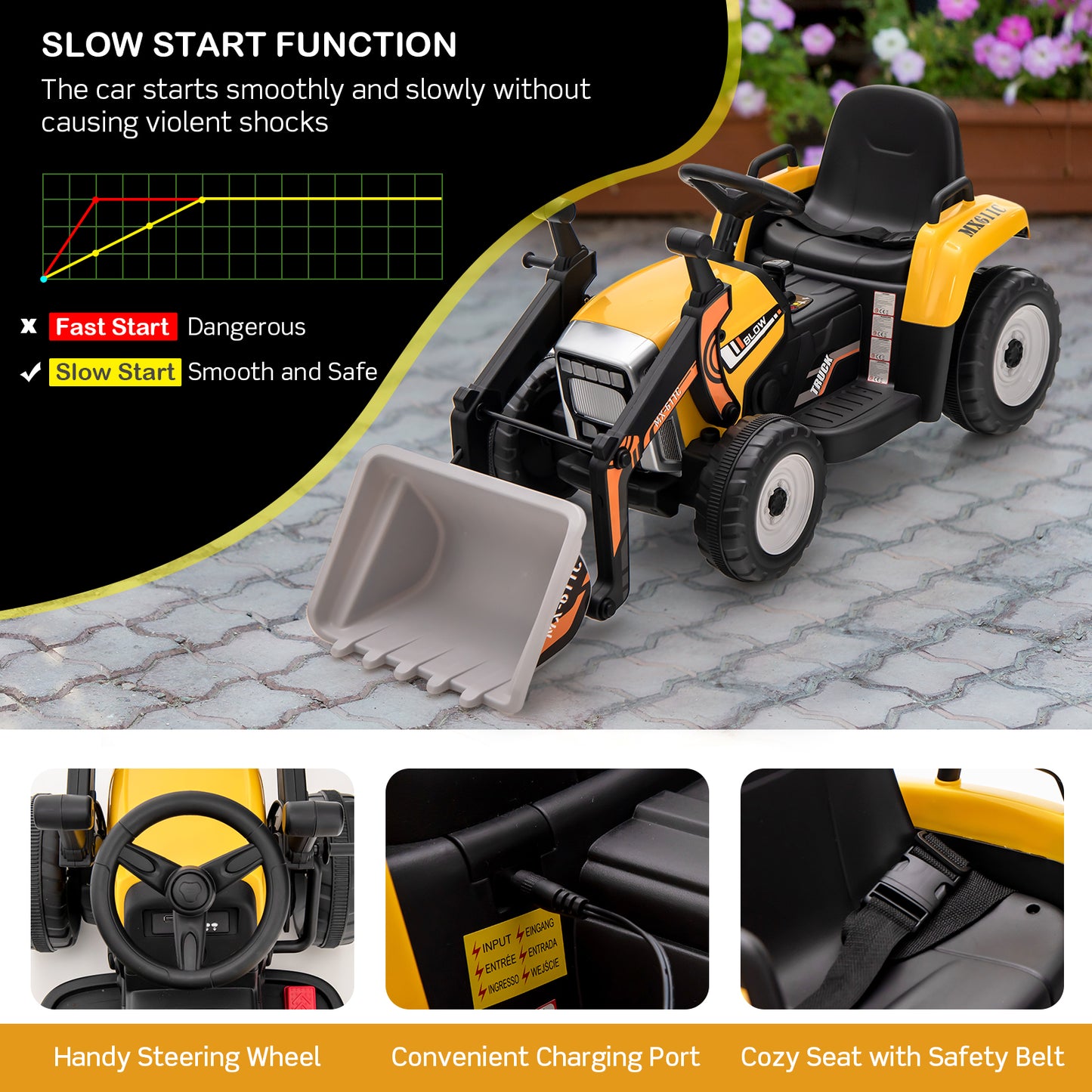 12V Battery Powered Kids Ride on Excavator with Adjustable Arm and Bucket-Yellow Kids Crystal