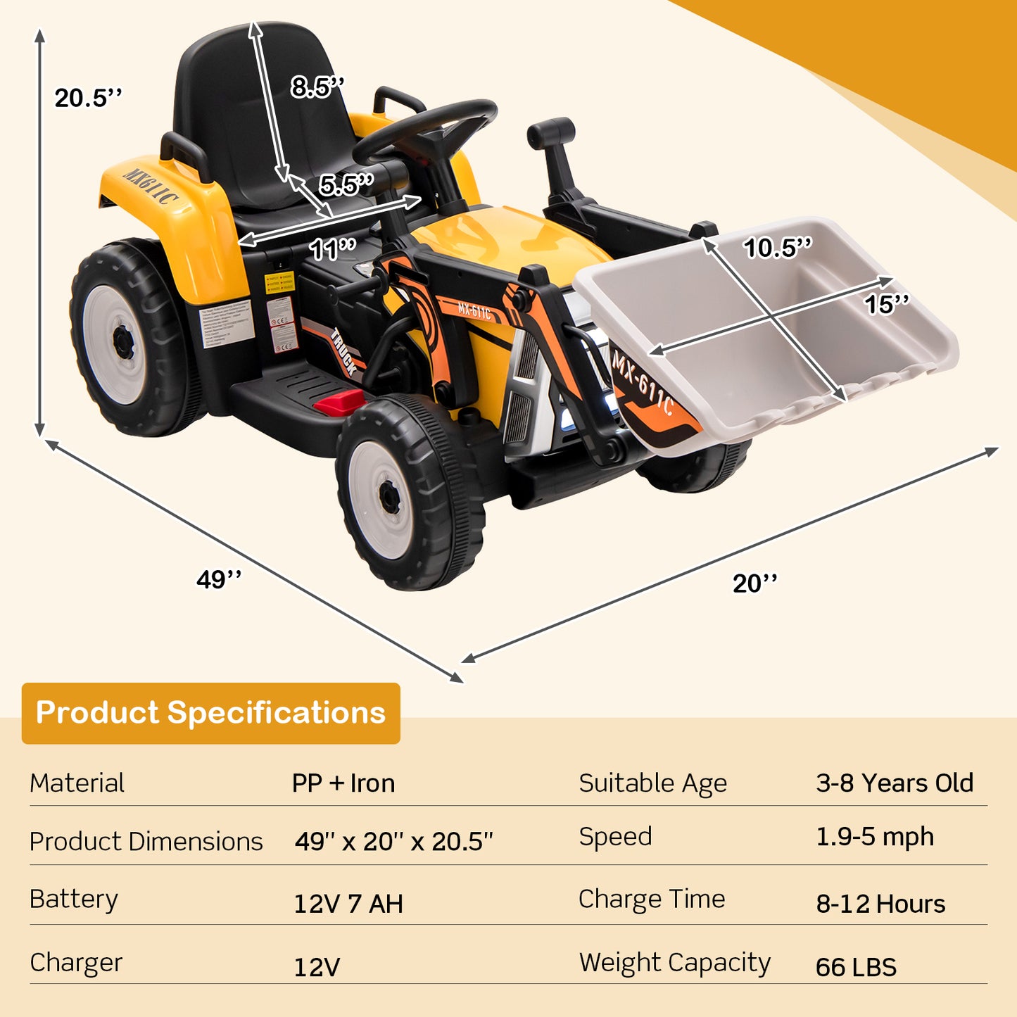 12V Battery Powered Kids Ride on Excavator with Adjustable Arm and Bucket-Yellow Kids Crystal