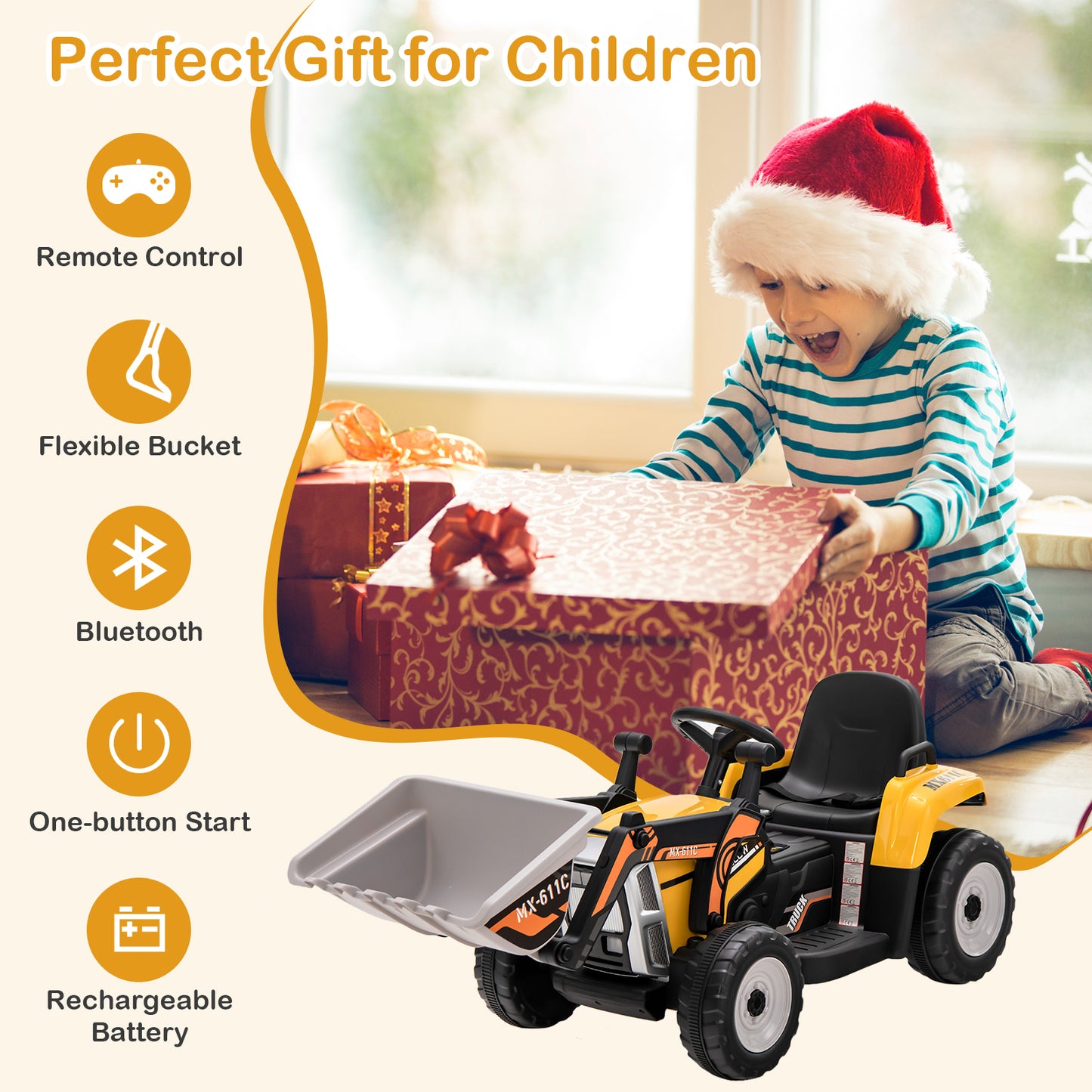 12V Battery Powered Kids Ride on Excavator with Adjustable Arm and Bucket-Yellow Kids Crystal