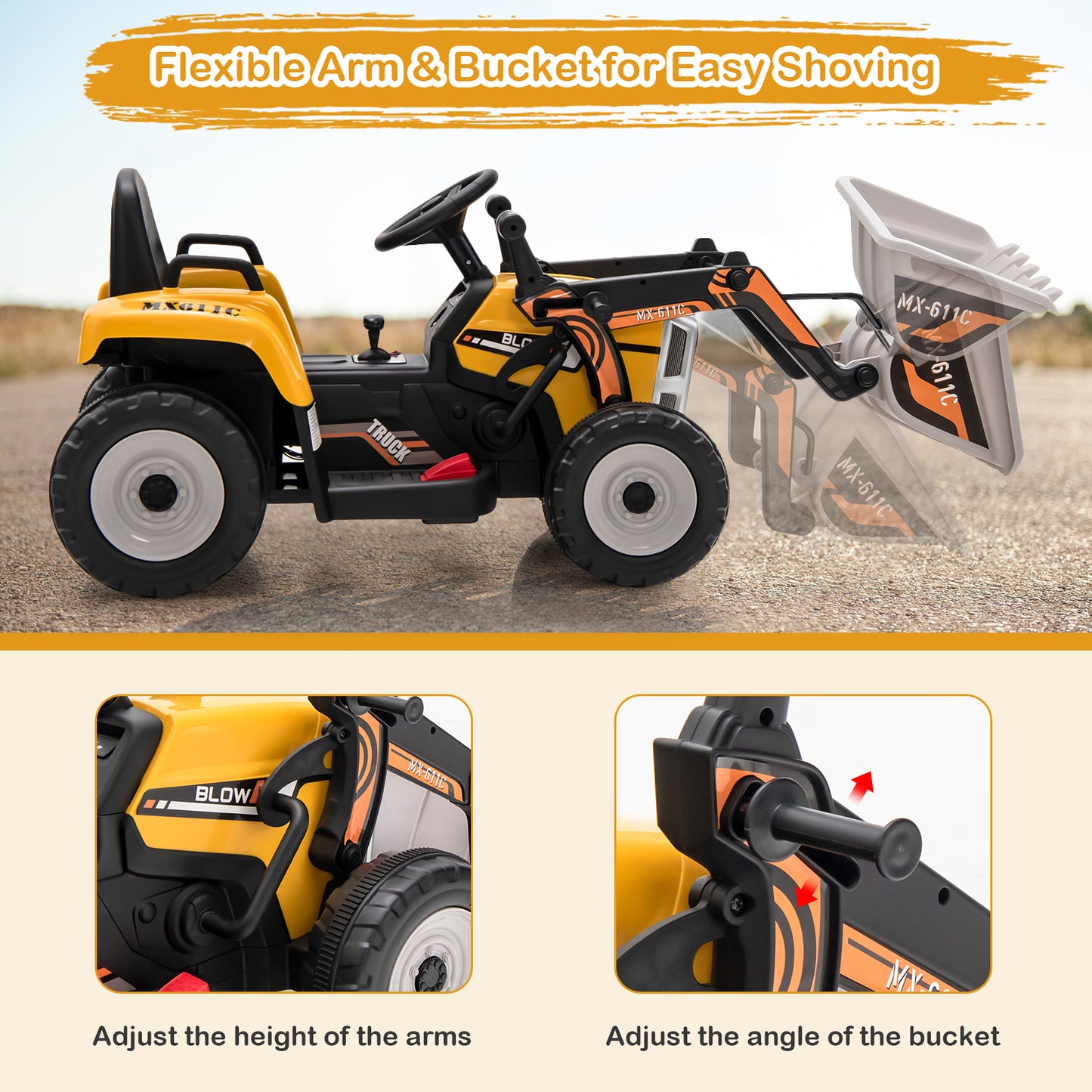 12V Battery Powered Kids Ride on Excavator with Adjustable Arm and Bucket-Yellow Kids Crystal
