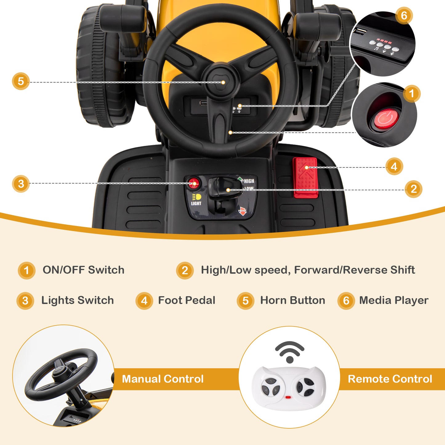12V Battery Powered Kids Ride on Excavator with Adjustable Arm and Bucket-Yellow Kids Crystal