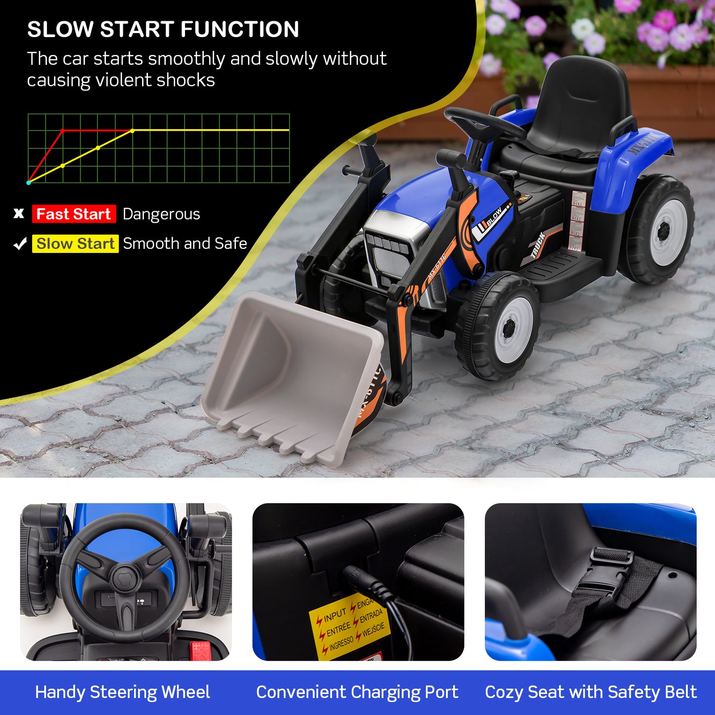 12V Battery Powered Kids Ride on Excavator with Adjustable Arm and Bucket-Blue Kids Crystal