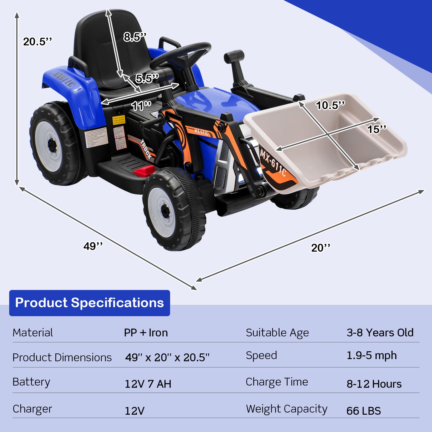 12V Battery Powered Kids Ride on Excavator with Adjustable Arm and Bucket-Blue Kids Crystal