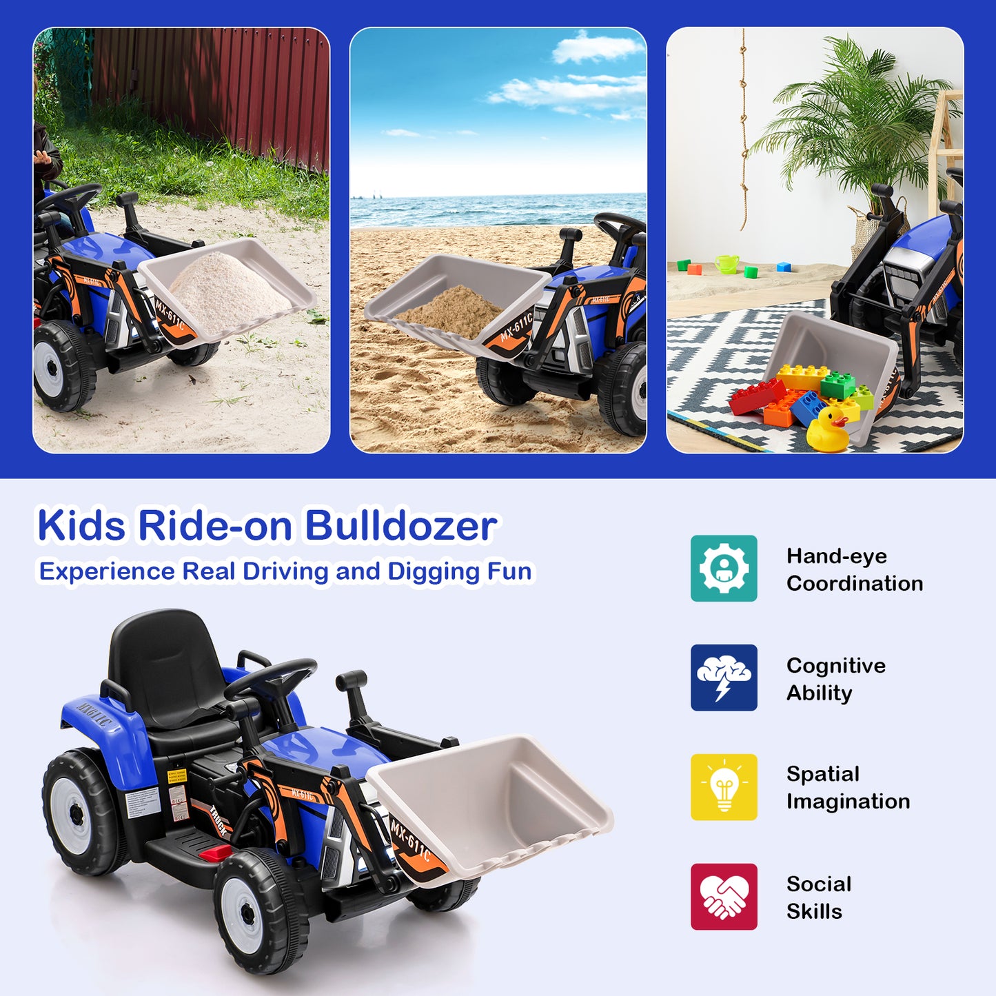 12V Battery Powered Kids Ride on Excavator with Adjustable Arm and Bucket-Blue Kids Crystal