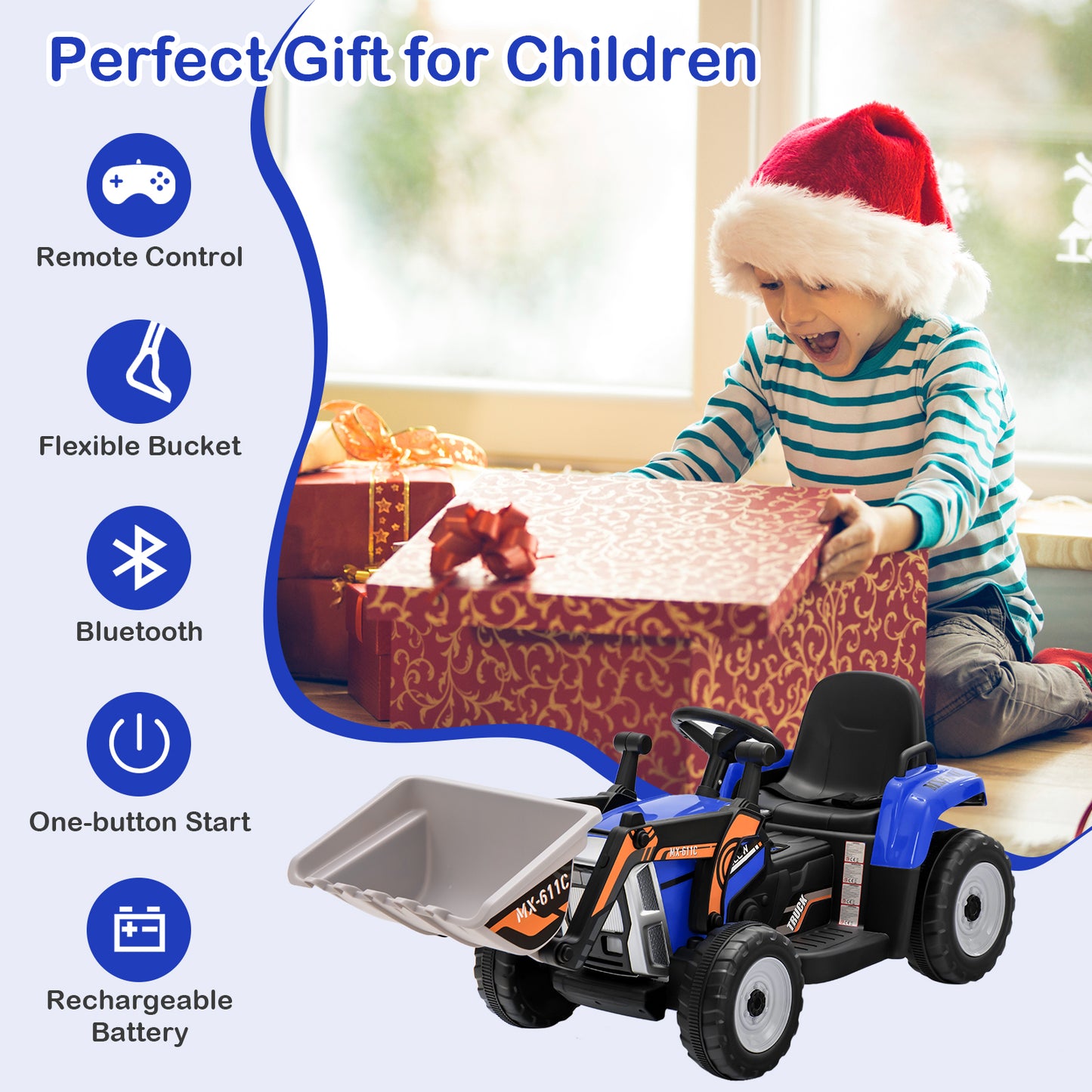 12V Battery Powered Kids Ride on Excavator with Adjustable Arm and Bucket-Blue Kids Crystal