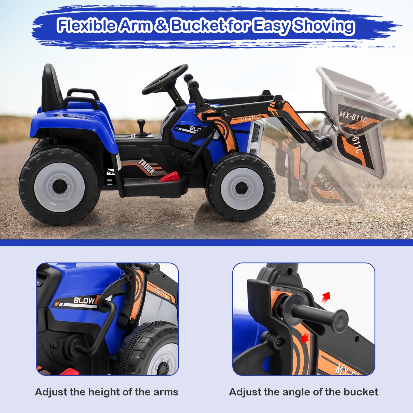 12V Battery Powered Kids Ride on Excavator with Adjustable Arm and Bucket-Blue Kids Crystal