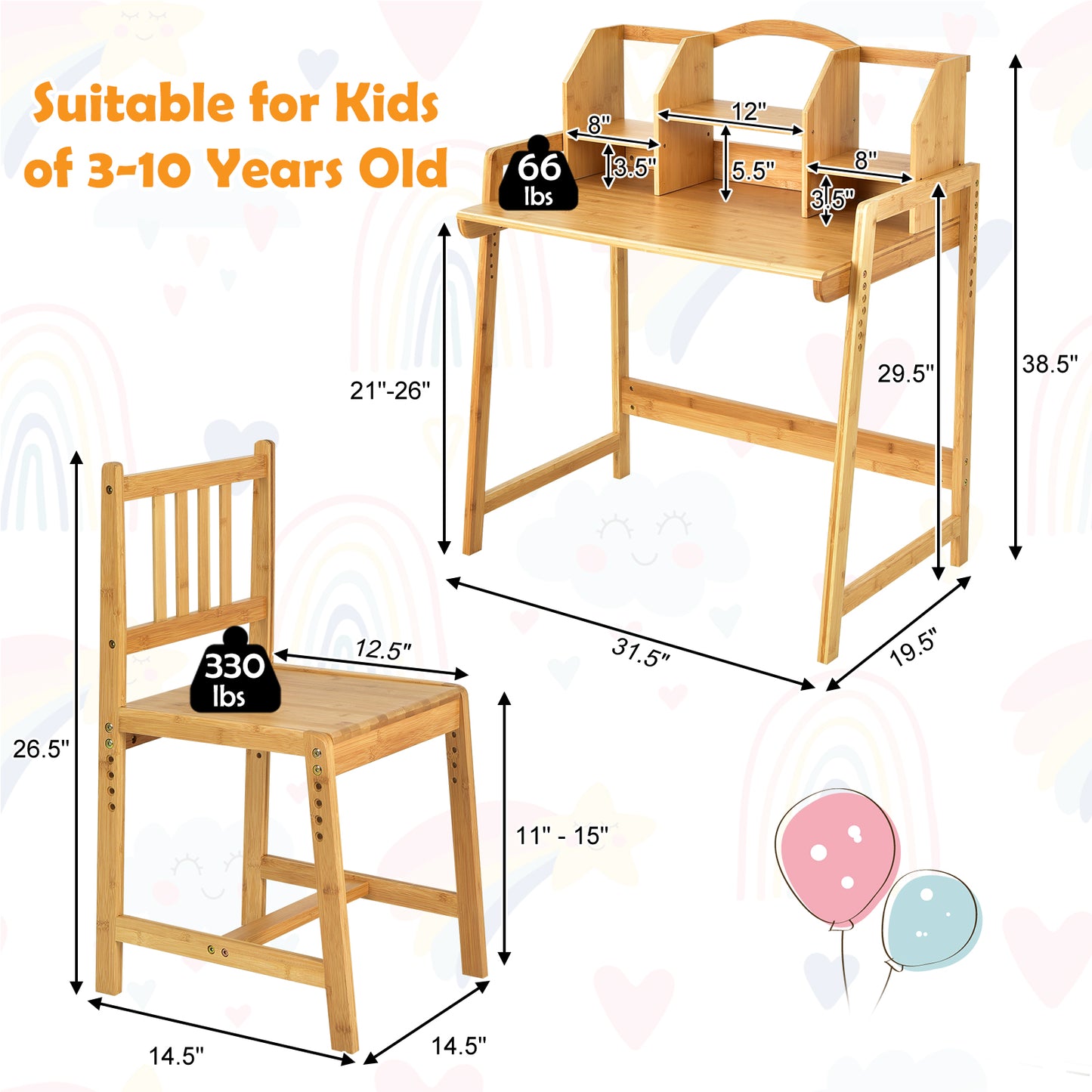 Bamboo Kids Study Desk and Chair Set with Bookshelf Kids Crystal