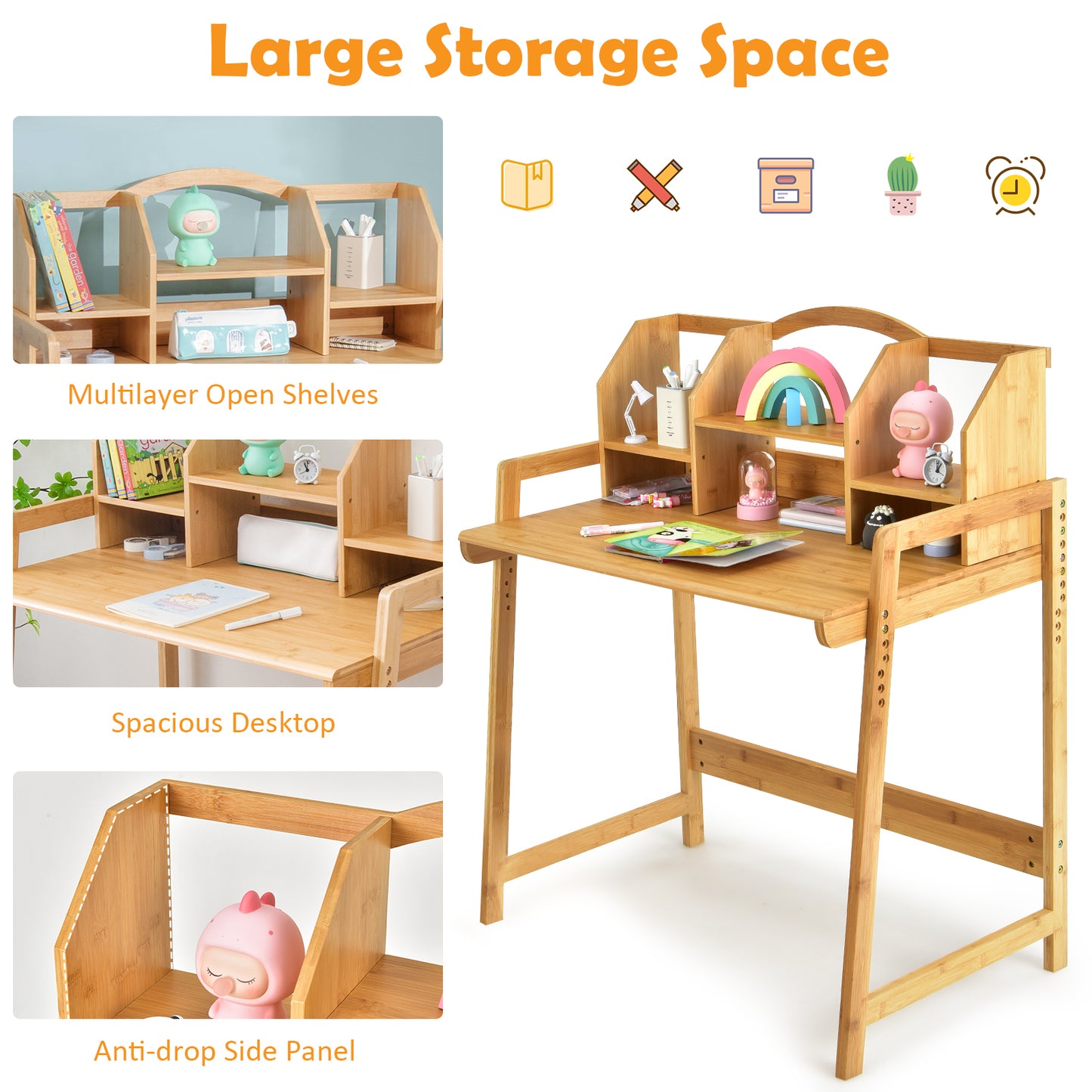 Bamboo Kids Study Desk and Chair Set with Bookshelf Kids Crystal