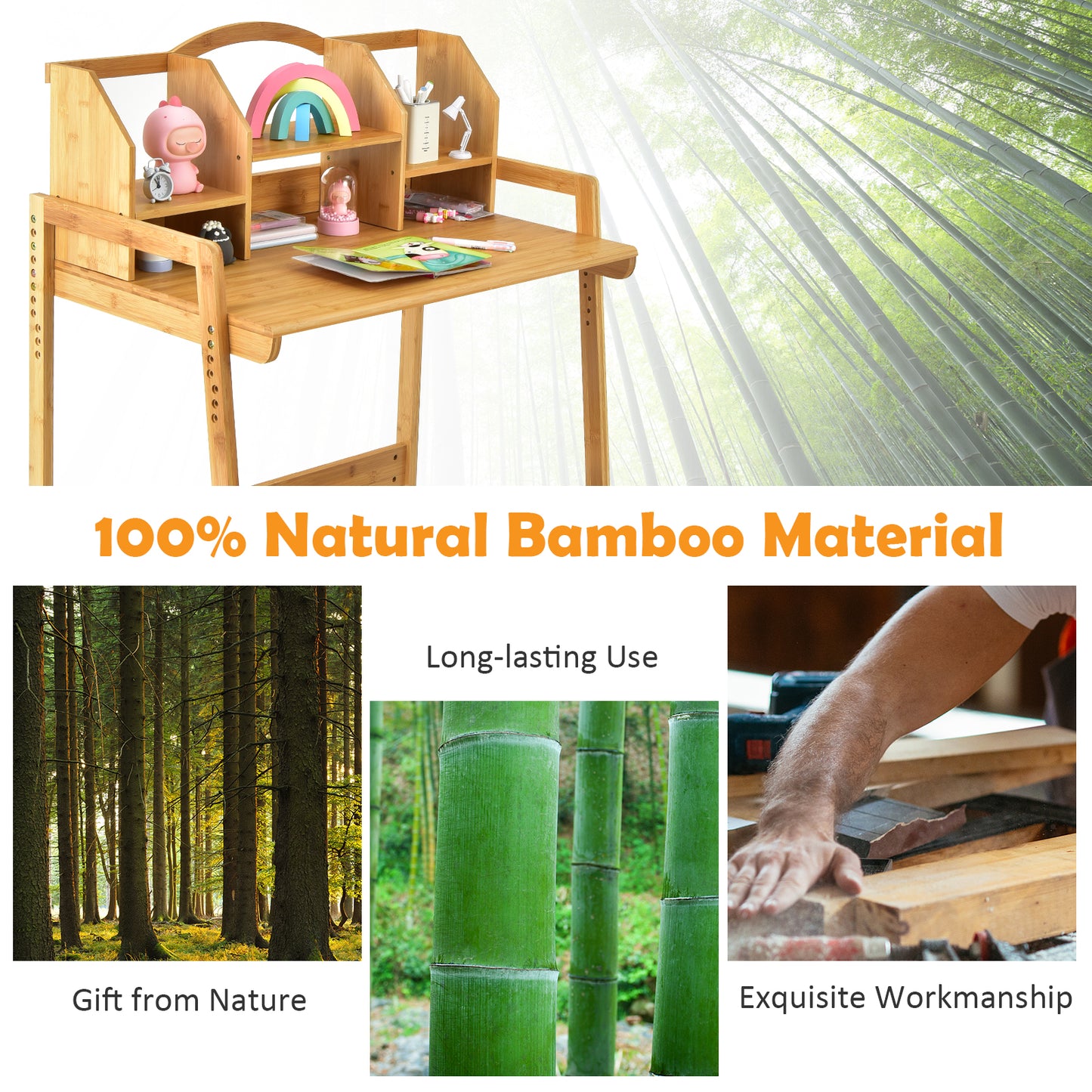 Bamboo Kids Study Desk and Chair Set with Bookshelf Kids Crystal