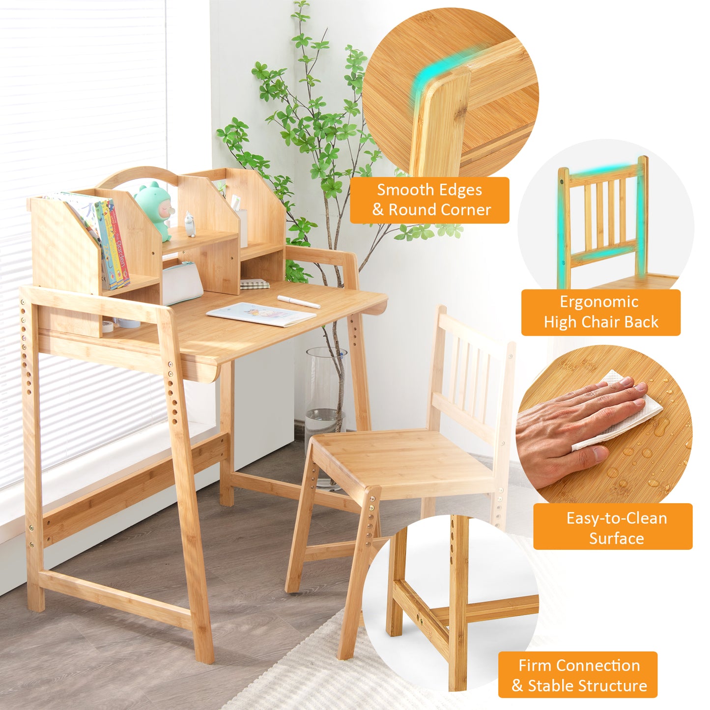 Bamboo Kids Study Desk and Chair Set with Bookshelf Kids Crystal