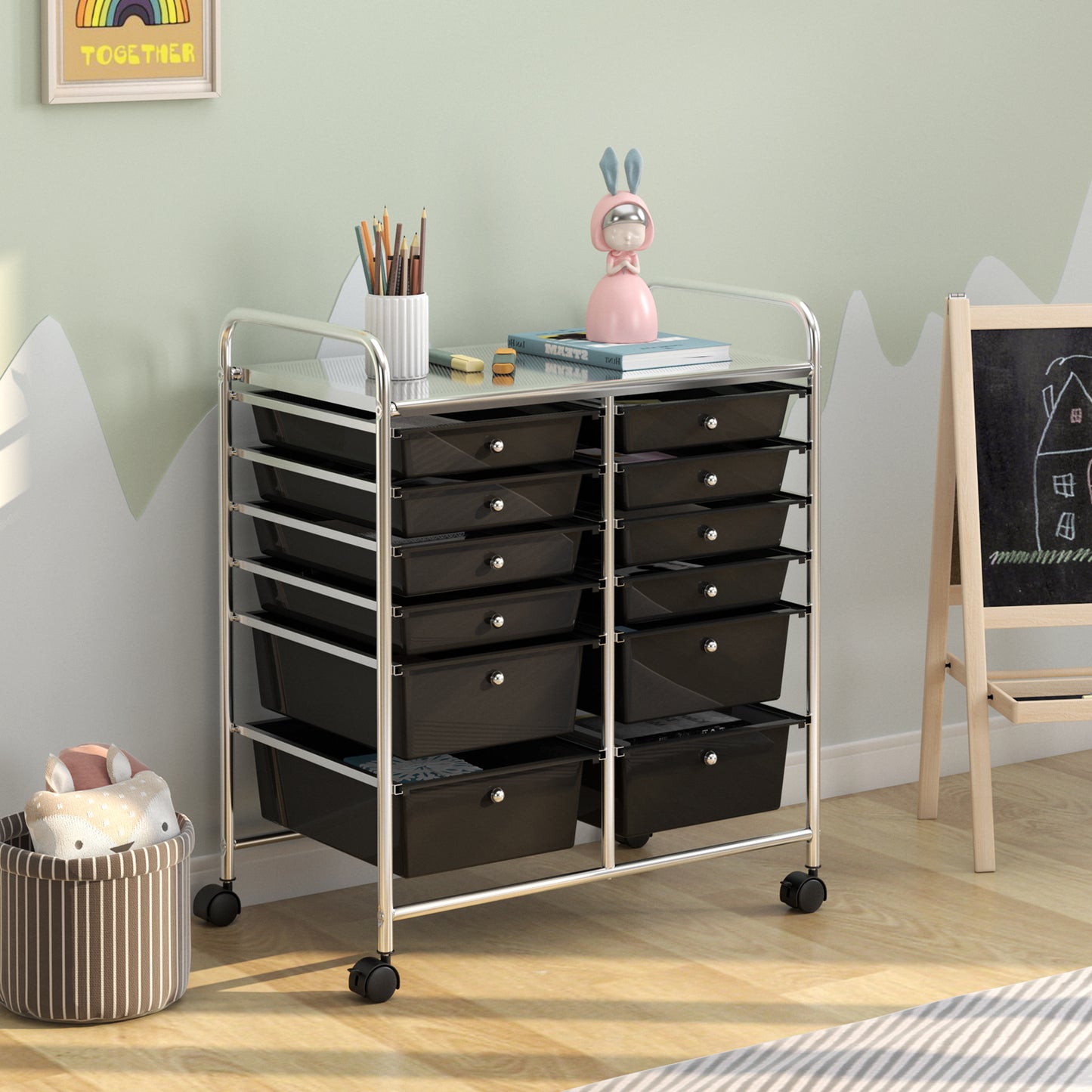12 Storage Drawer Organizer Bins Rolling Cart-Black Kids Crystal