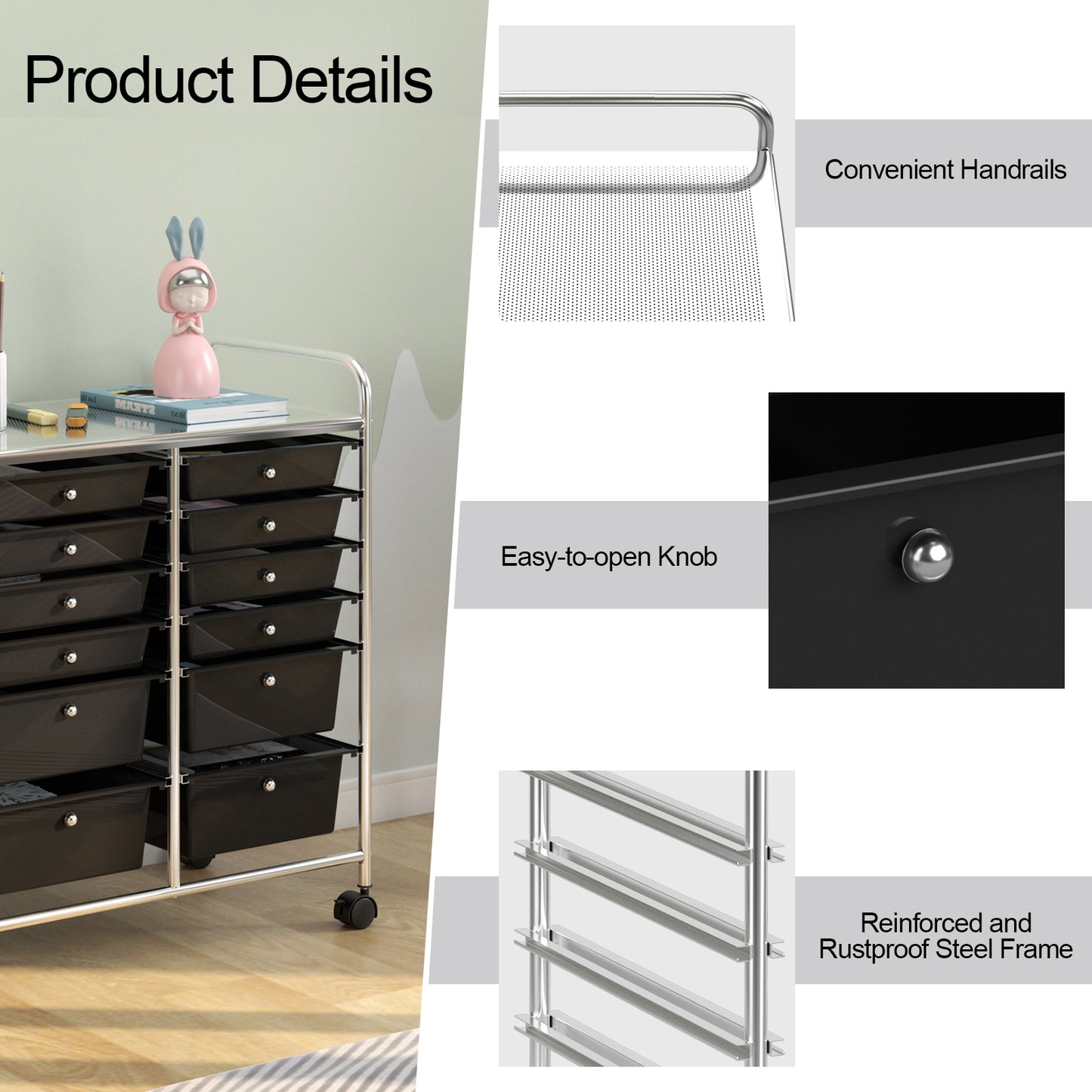 12 Storage Drawer Organizer Bins Rolling Cart-Black Kids Crystal