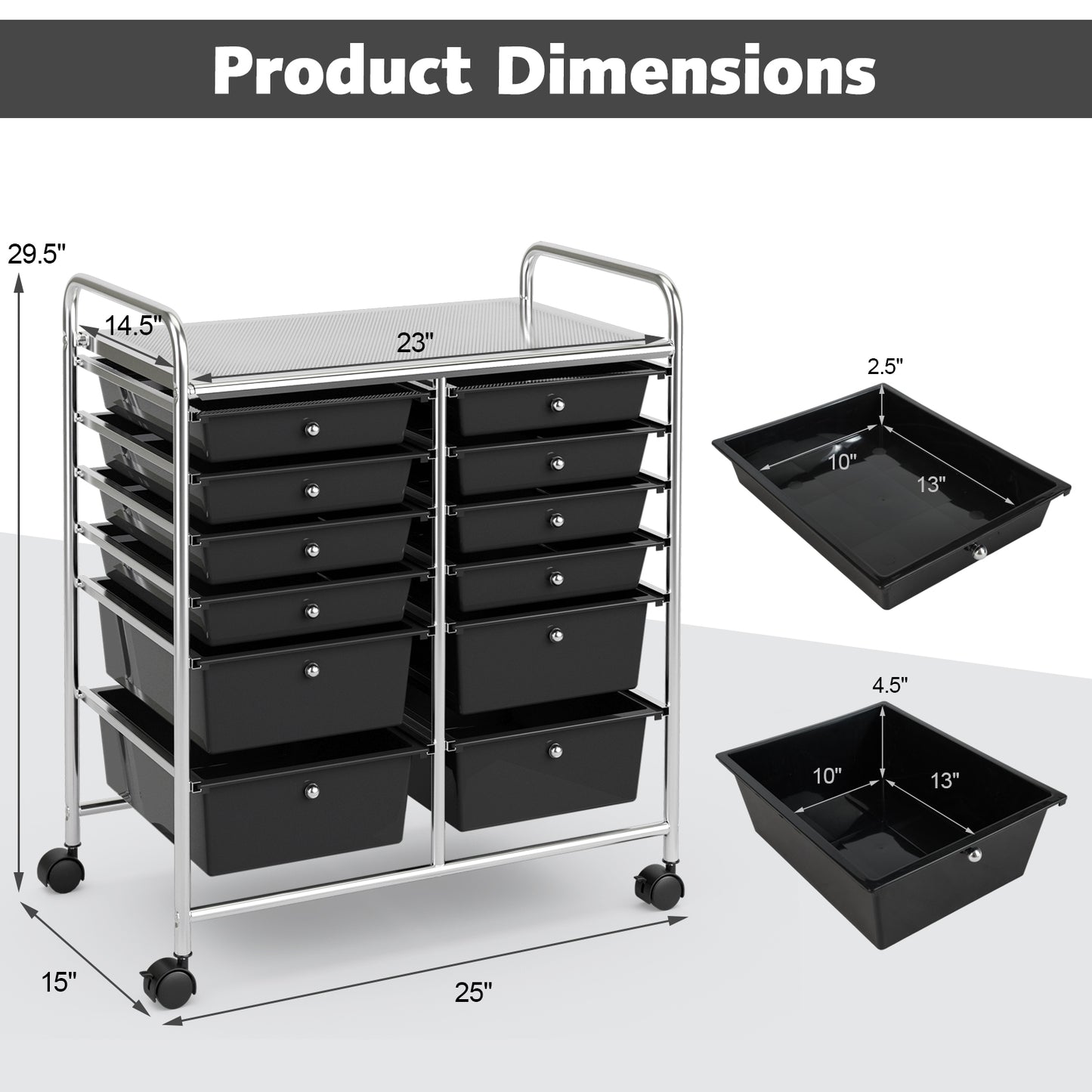 12 Storage Drawer Organizer Bins Rolling Cart-Black Kids Crystal