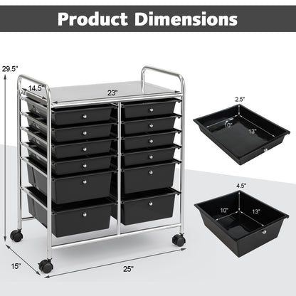 12 Storage Drawer Organizer Bins Rolling Cart-Black