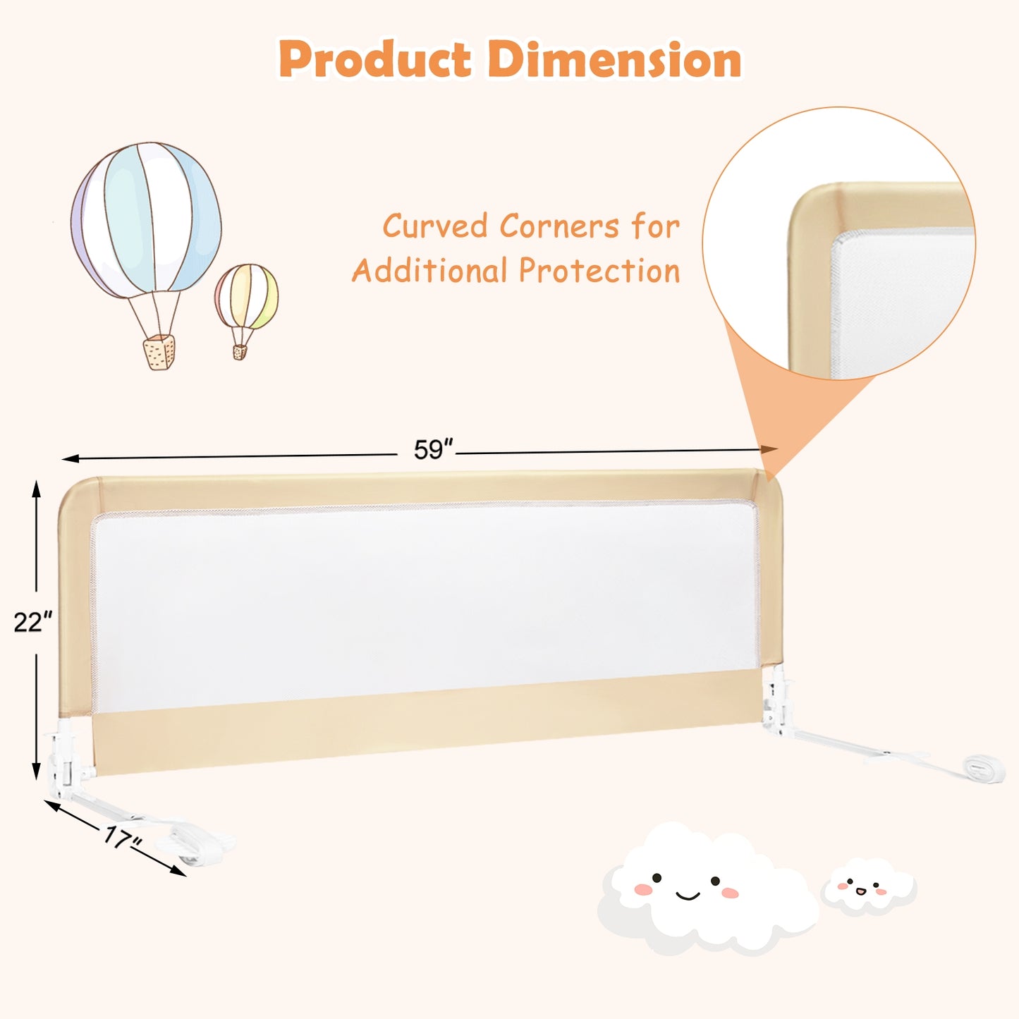 59 Inch Extra Long Folding Breathable Baby Children Toddlers Bed Rail Guard with Safety Strap-Beige Kids Crystal