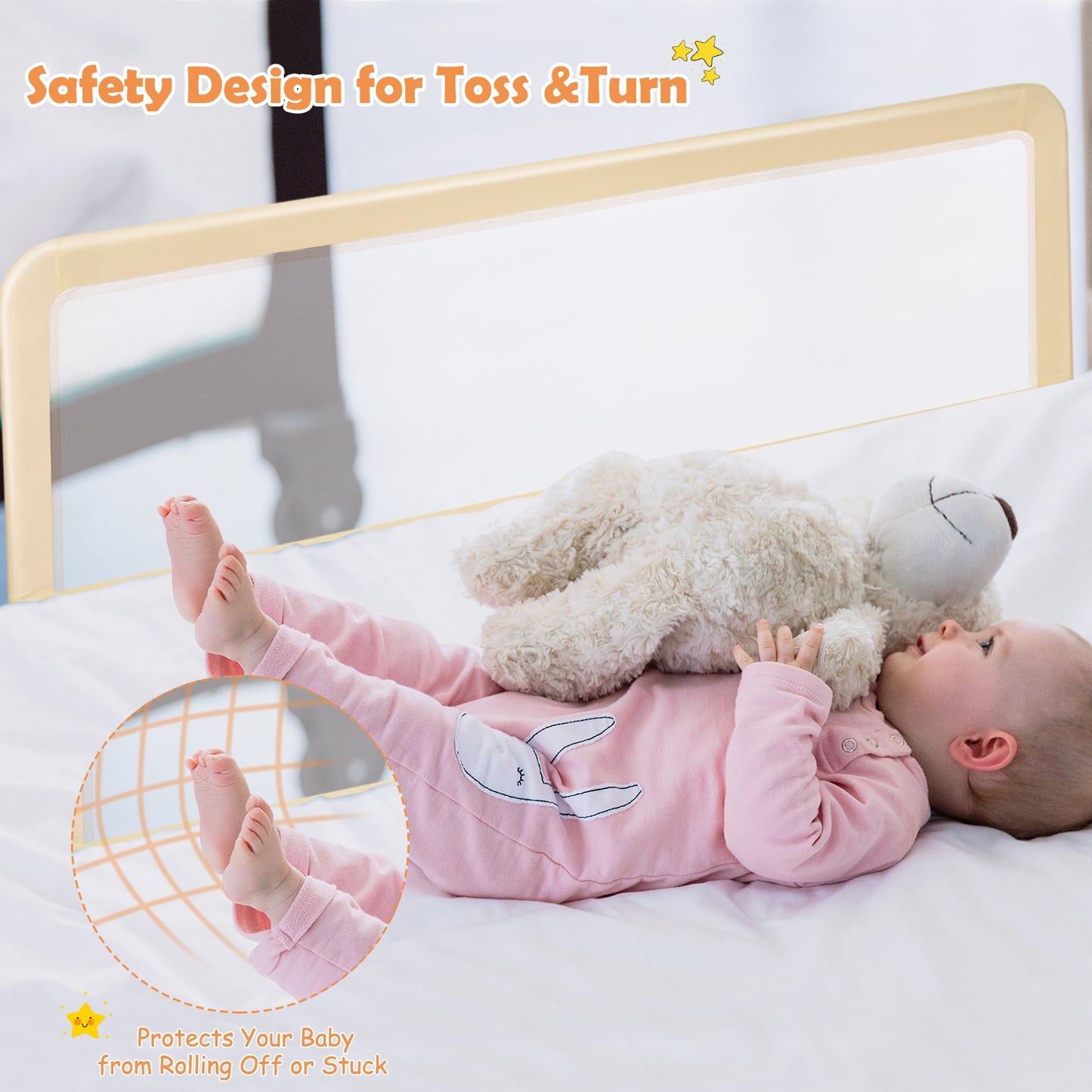 59 Inch Extra Long Folding Breathable Baby Children Toddlers Bed Rail Guard with Safety Strap-Beige Kids Crystal