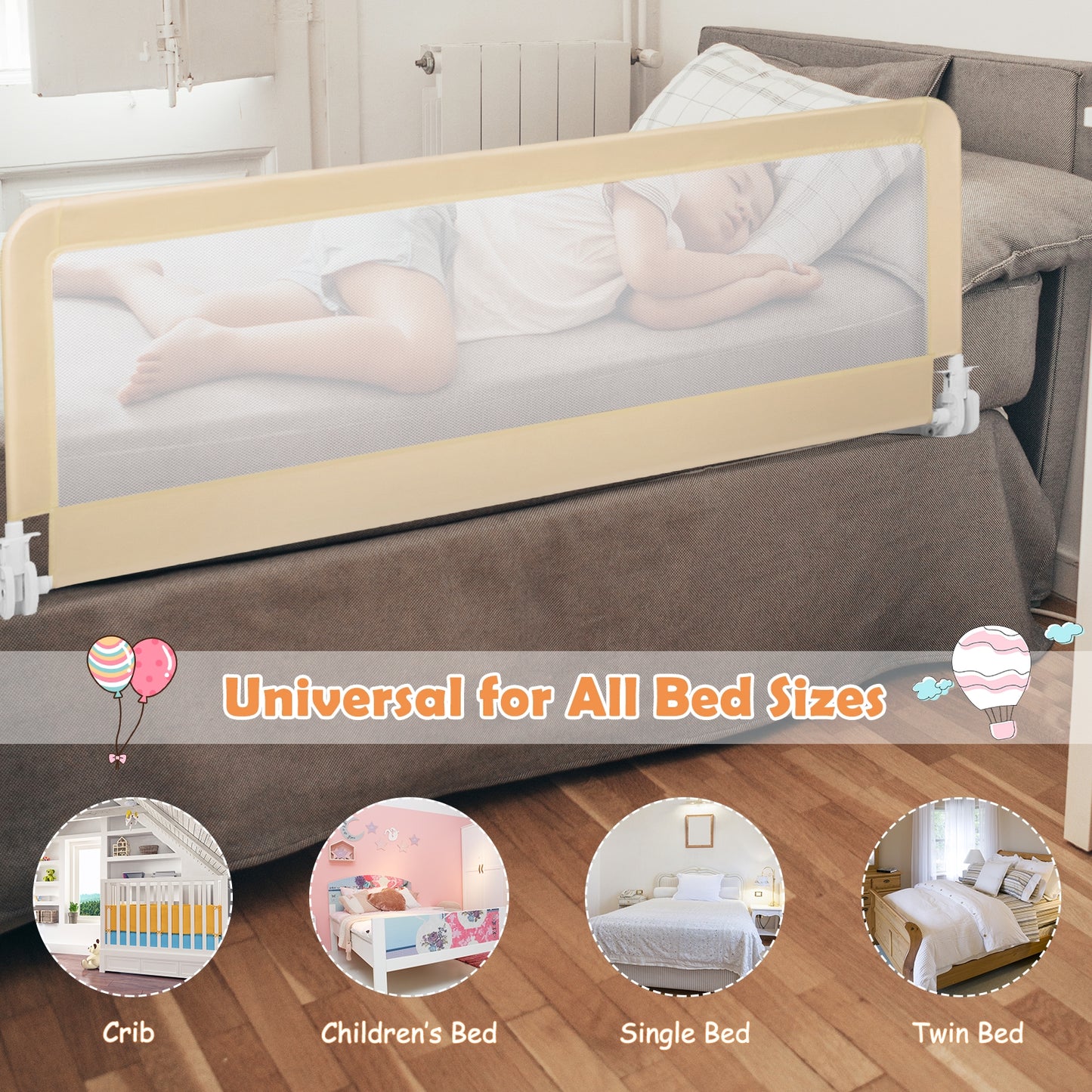 59 Inch Extra Long Folding Breathable Baby Children Toddlers Bed Rail Guard with Safety Strap-Beige Kids Crystal