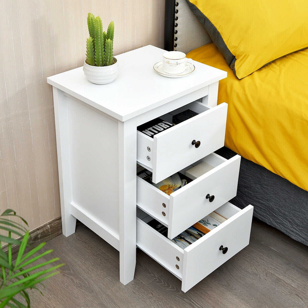 Nightstand End Beside Table Drawers Modern Storage Bedroom Furniture-White Kids Crystal