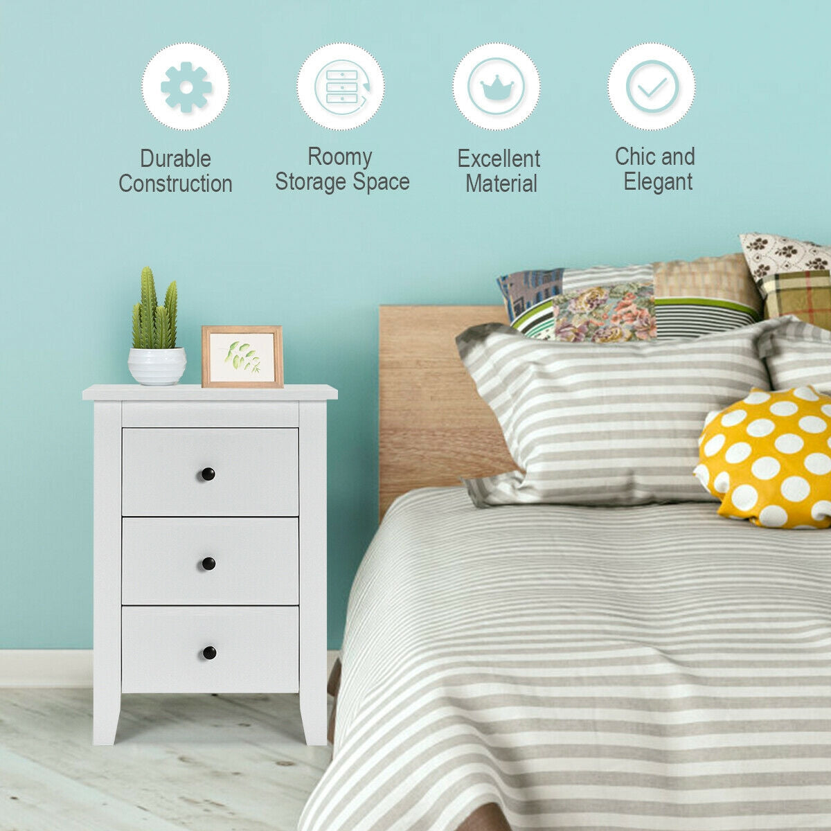Nightstand End Beside Table Drawers Modern Storage Bedroom Furniture-White Kids Crystal
