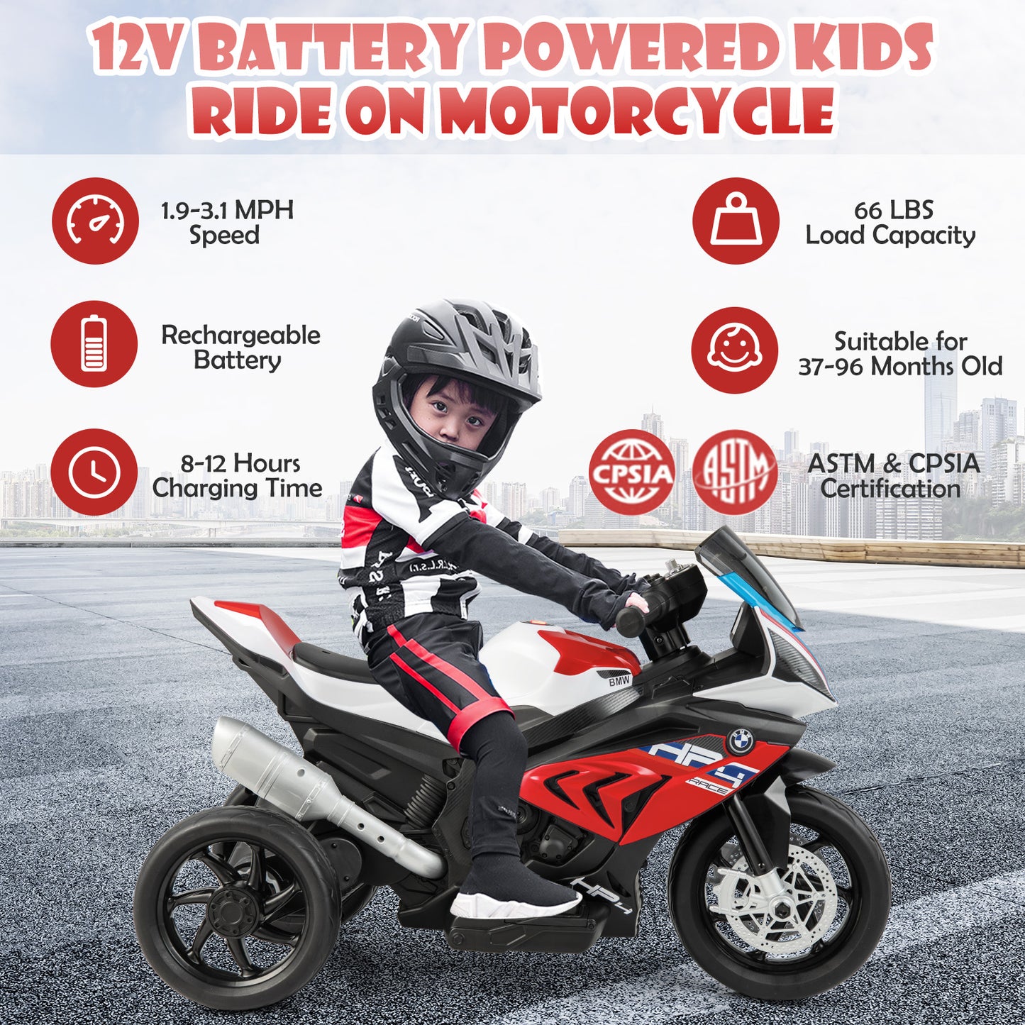 12V Licensed BMW Kids Motorcycle Ride-On Toy for 37-96 Months Old Kids-Red Kids Crystal