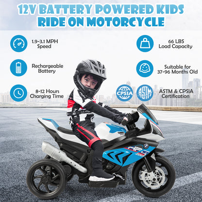 12V Licensed BMW Kids Motorcycle Ride-On Toy for 37-96 Months Old Kids-Blue