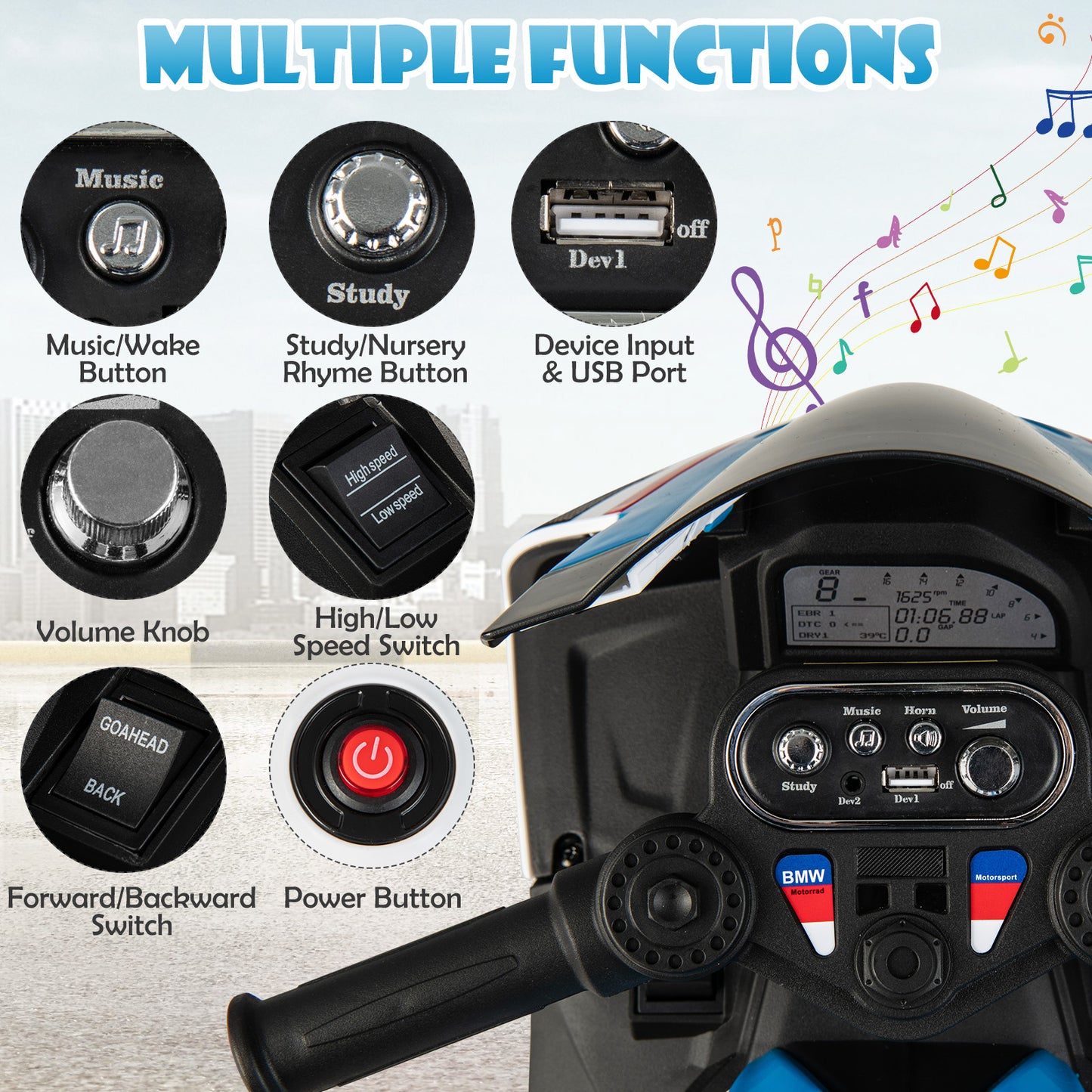 12V Licensed BMW Kids Motorcycle Ride-On Toy for 37-96 Months Old Kids-Blue Kids Crystal