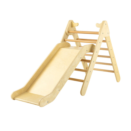 2-in-1 Wooden Triangle Climber Set with Gradient Adjustable Slide-Natural Kids Crystal