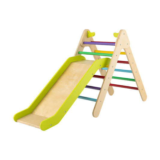 2-in-1 Wooden Triangle Climber Set with Gradient Adjustable Slide-Multicolor Kids Crystal