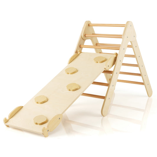 3-in-1 Wooden Climbing Triangle Set Triangle Climber with Ramp-Natural Kids Crystal