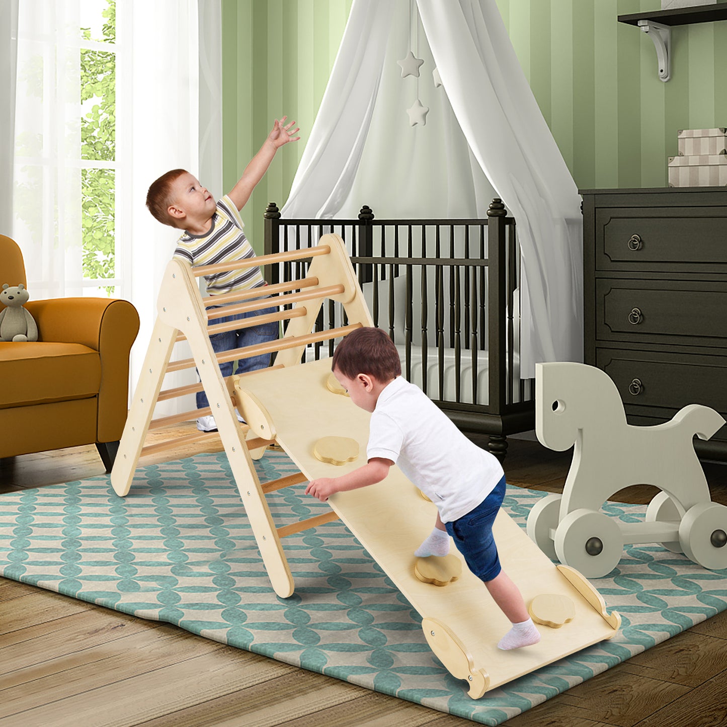 3-in-1 Wooden Climbing Triangle Set Triangle Climber with Ramp-Natural Kids Crystal