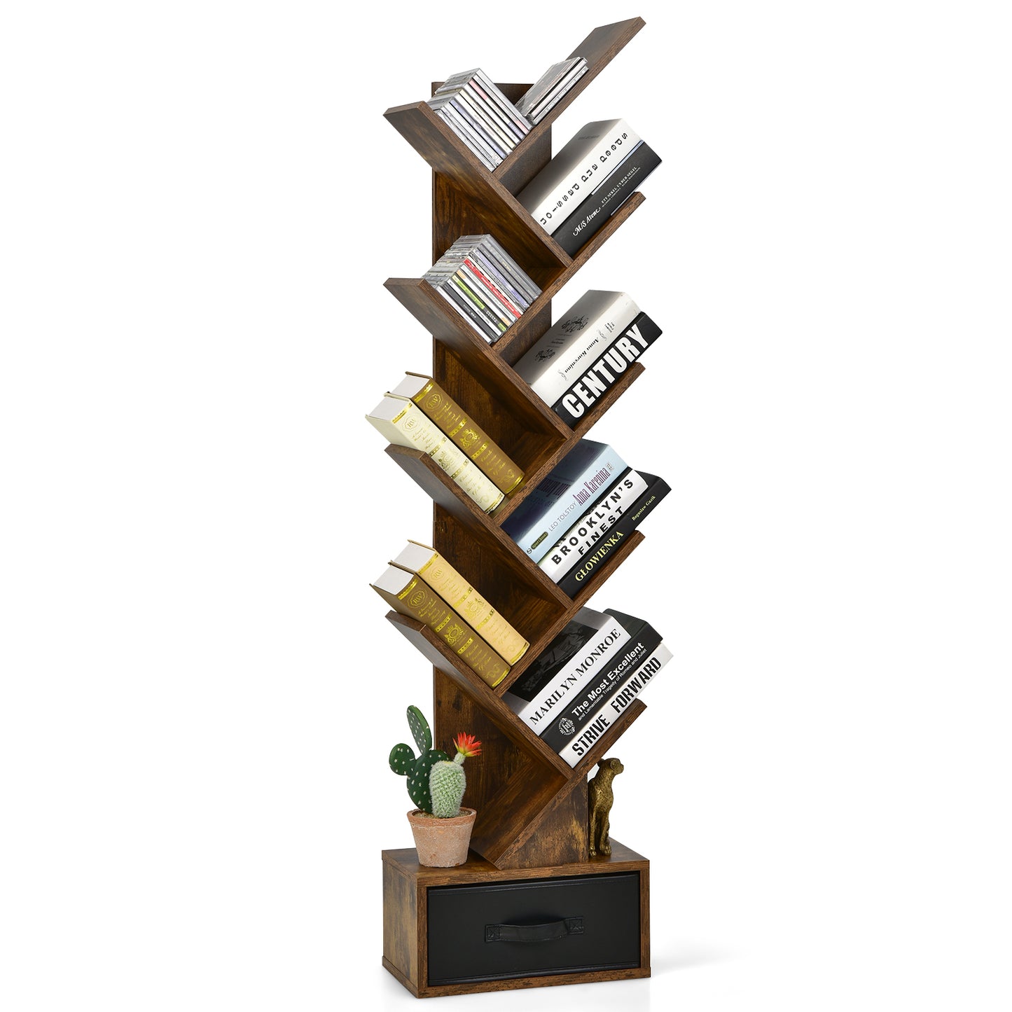 10-tier Tree Bookshelf with Drawer Free-standing Storage Bookcase-Coffee Kids Crystal